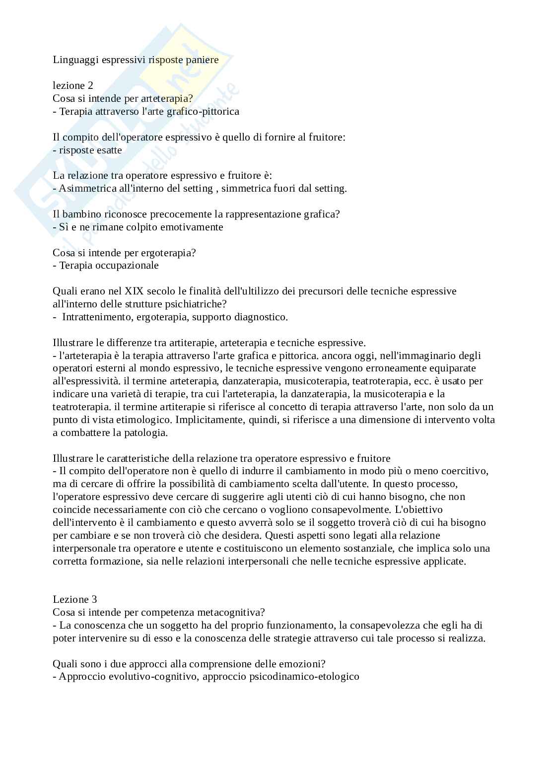 Paniere completo Linguaggi espressivi nei processi di apprendimento e crescita personale: domande chiuse a crocette e domande aperte ben dettagliate con domande fuori paniere   Pag. 1