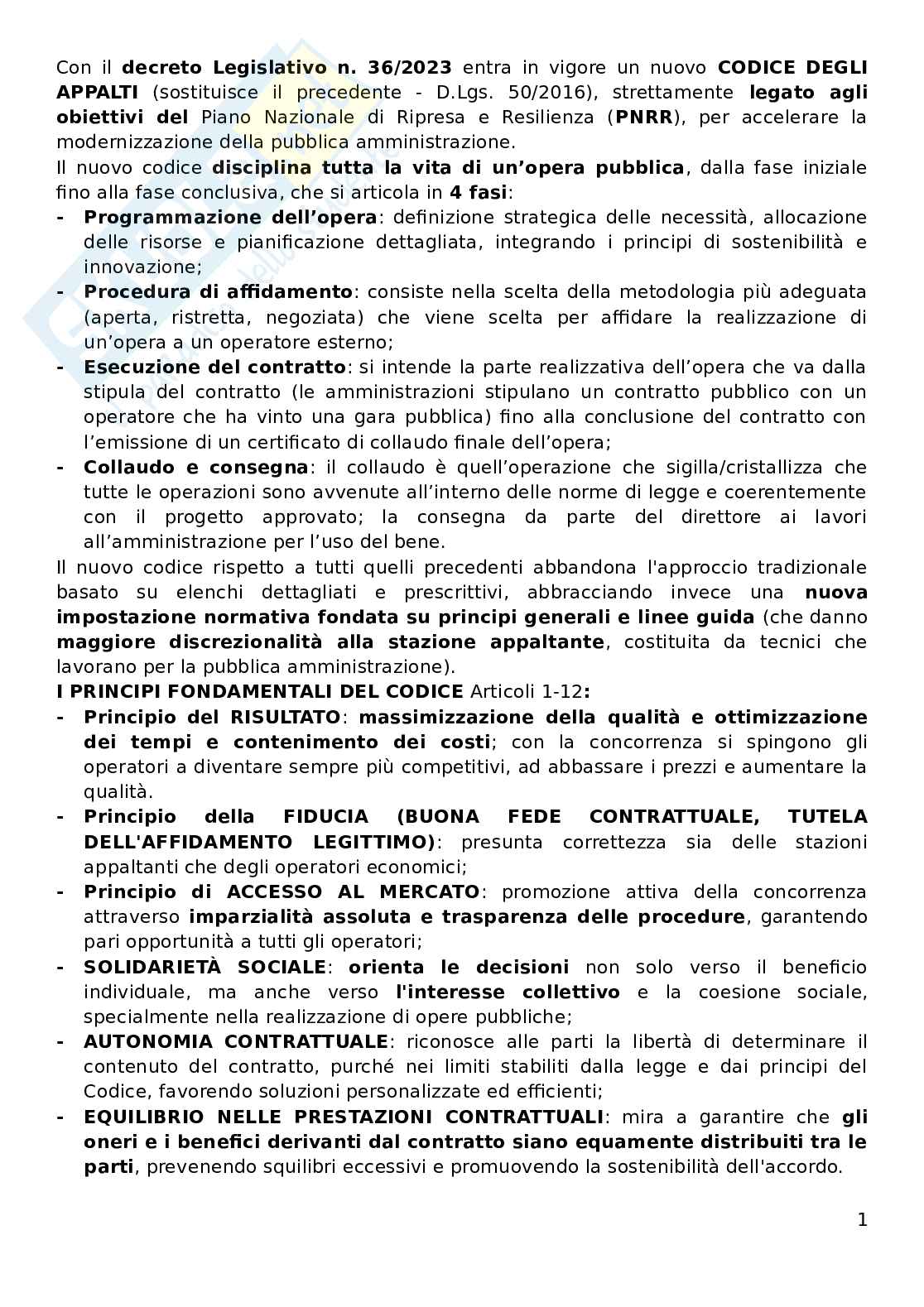 Esame di abilitazione: Il Nuovo Codice dei Contratti Pubblici (D.Lgs. 36/2023): struttura, principi, procedure e ruoli operativi Pag. 1