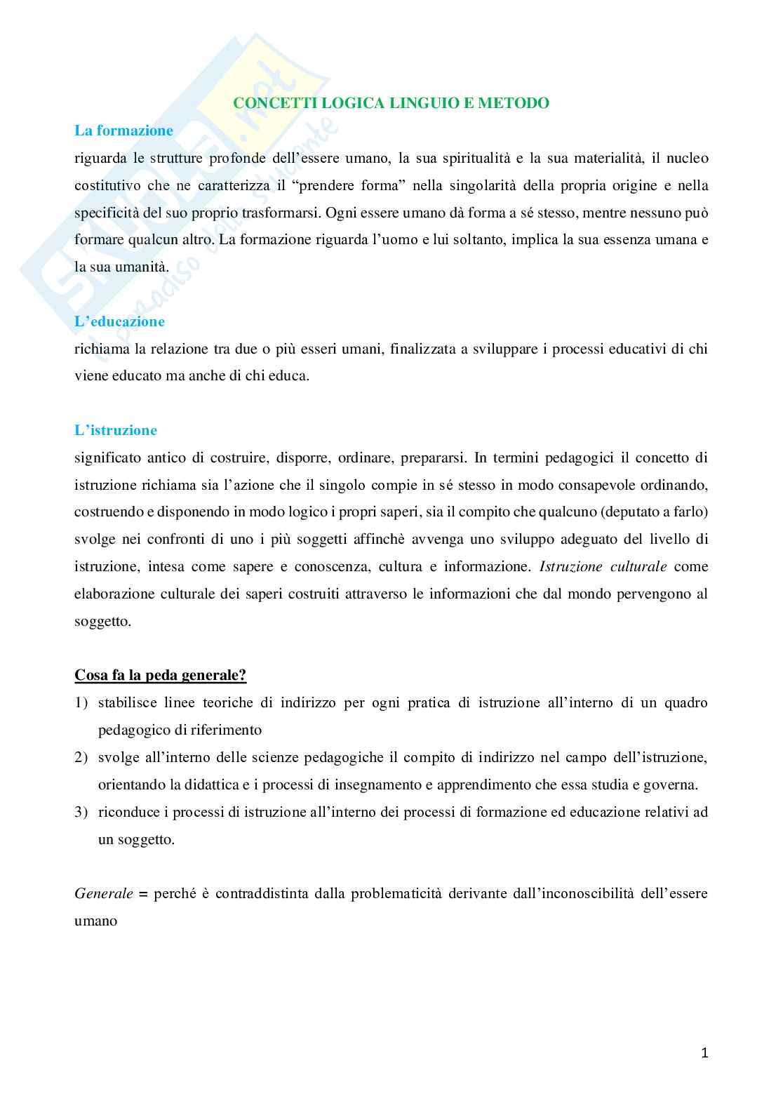 Riassunto esame Pedagogia generale, Prof. Sola Giancarla, libro consigliato Logica, linguaggio e metodo, Gennari, Sola Pag. 1