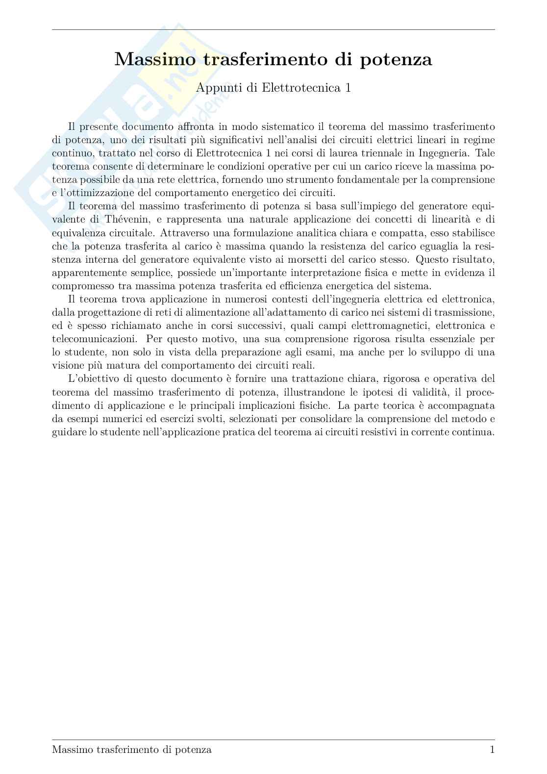 Massimo trasferimento di potenza: teoria ed esercizi svolti Pag. 1