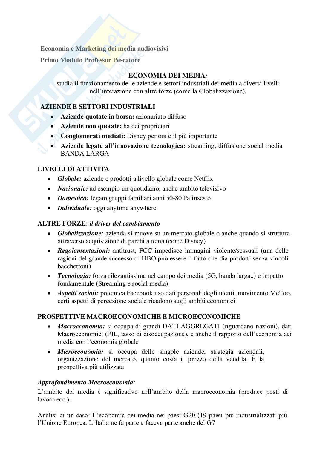 Lezioni Economia e marketing dei media audiovisivi Pag. 1