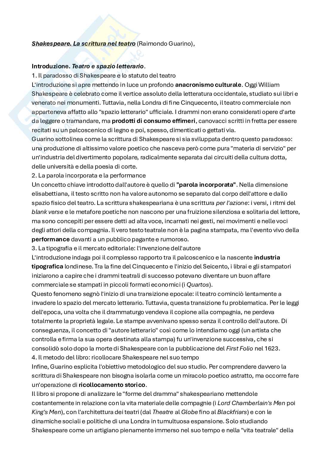 Riassunto esame Teatro, spettacolo, performance, Prof. Guarino Raimondo, libro consigliato Shakespeare. La scrittura nel teatro, Guarino Pag. 1