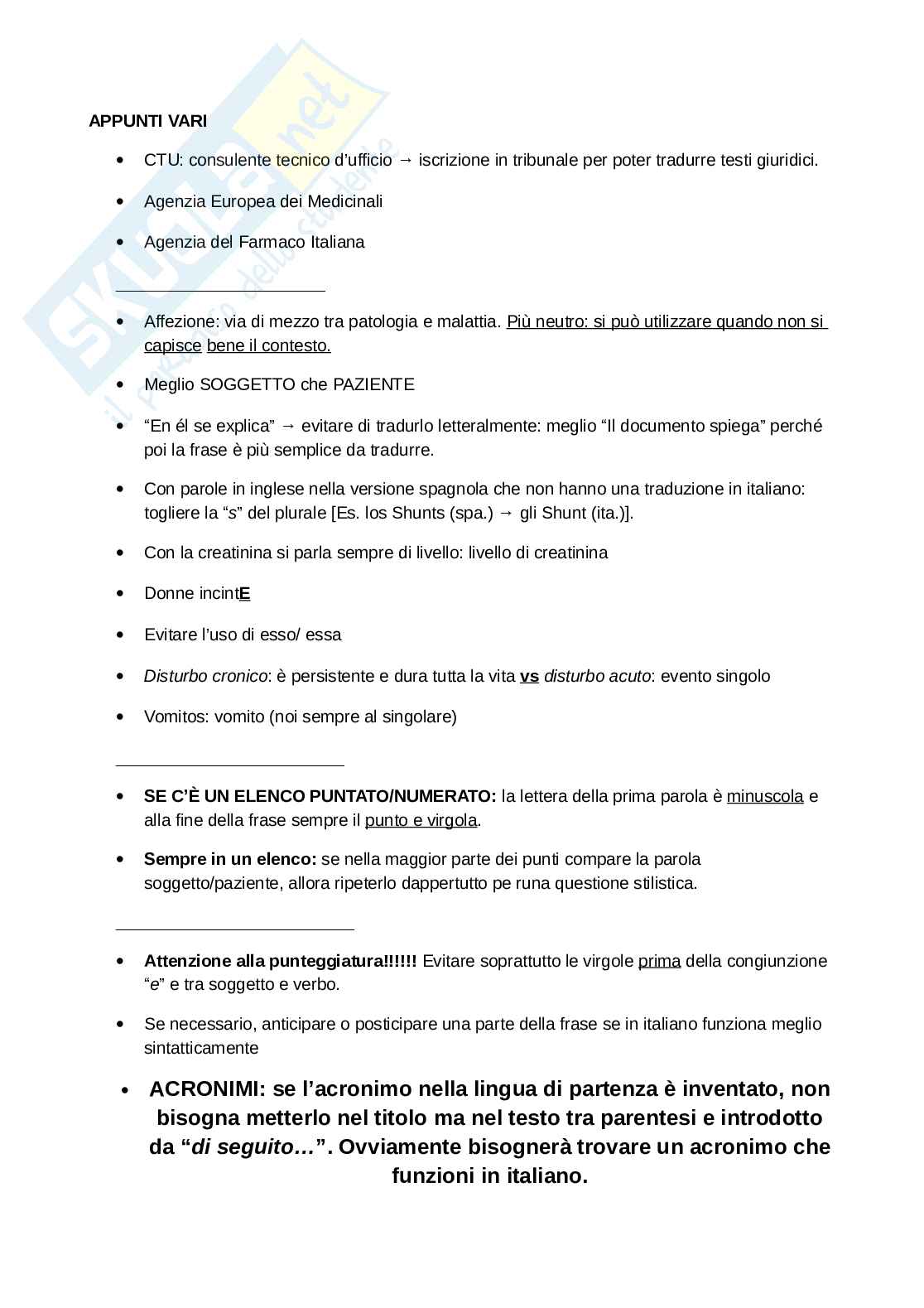 Appunti e Glossario Foglietto Illustrativo Spagnolo Pag. 1