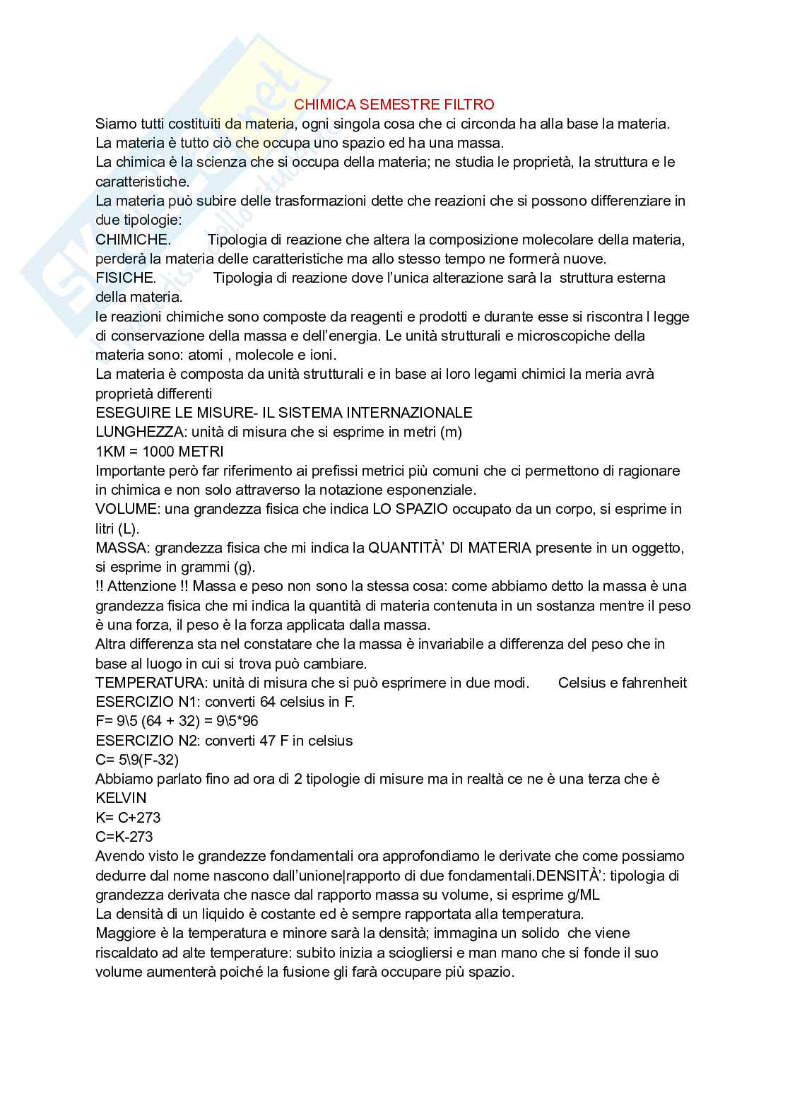 Elementi di chimica, semestre filtro  Pag. 1