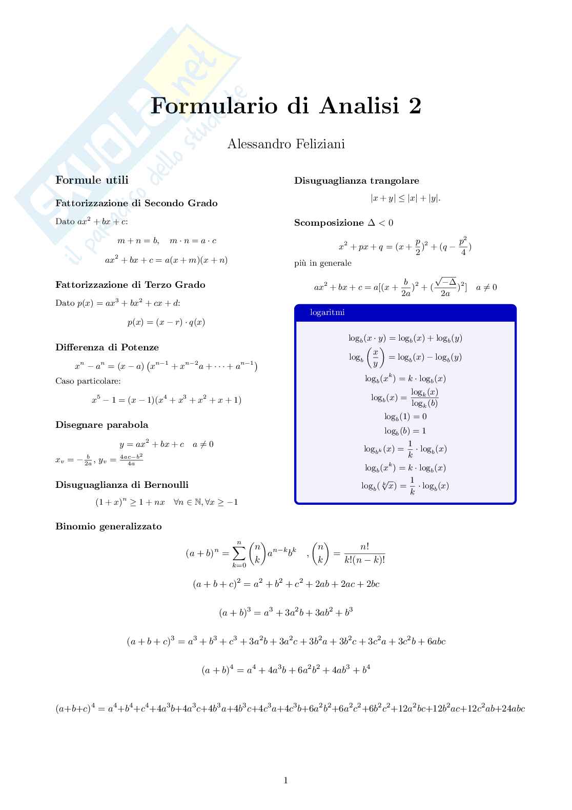 Formulario Analisi matematica 2 completo Pag. 1