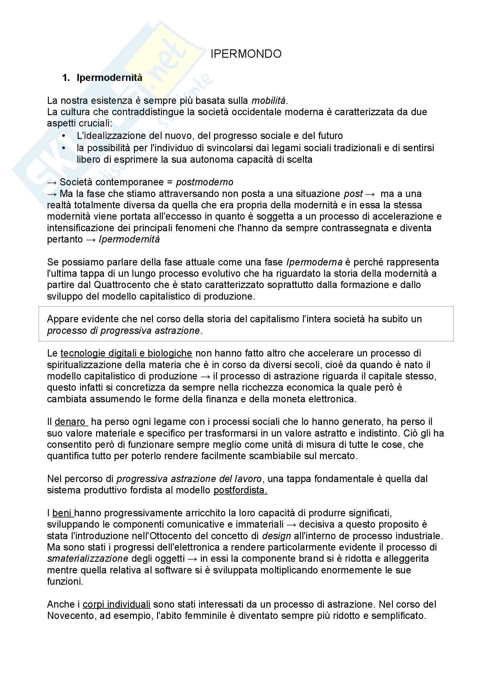 Riassunto esame Sociologia dei consumi, prof. Codeluppi, libro consigliato Ipermondo, dieci chiavi per capire il presente, Codeluppi Pag. 1