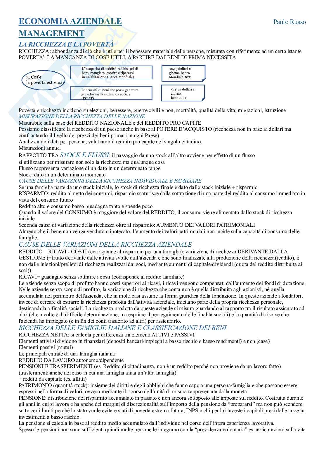 Riassunto esame Economia aziendale, Prof. Russo Paolo, libro consigliato Le aziende. Obiettivi, logica ed esperienze nella produzione della ricchezza, Russo   Pag. 1