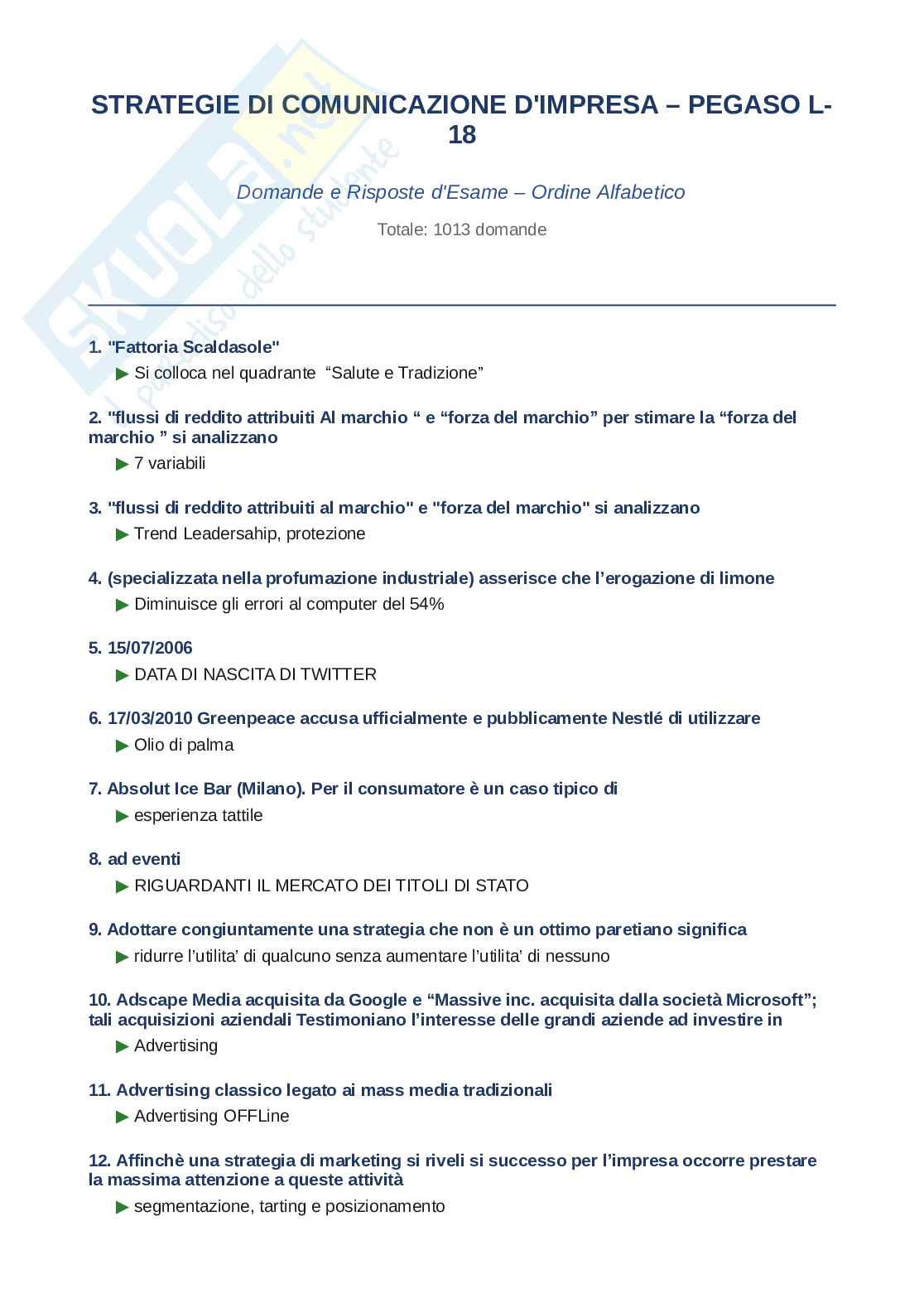 Domande e risposte Strategie di comunicazione d'impresa, ordine alfabetico 2025 Pag. 1