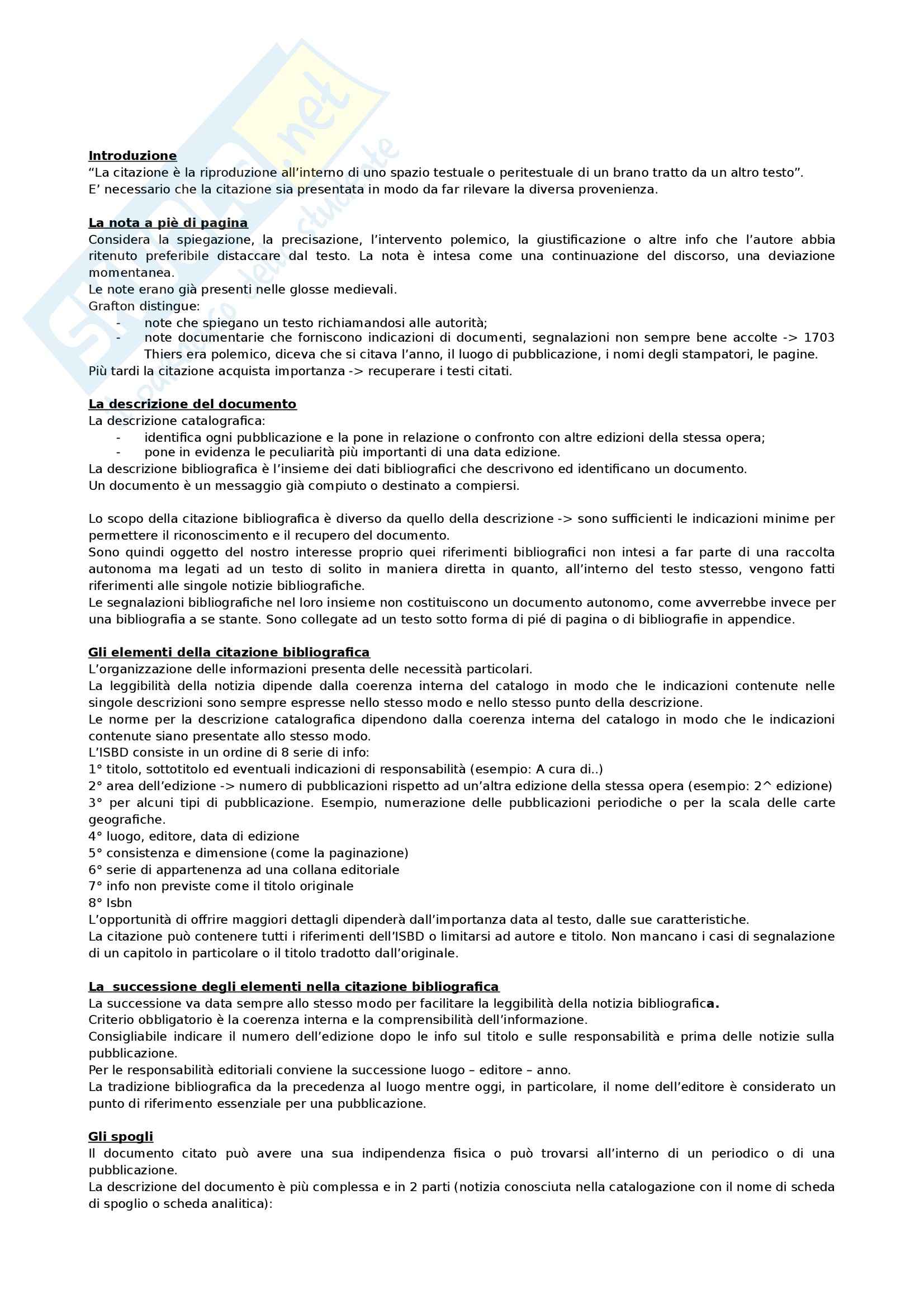 Riassunto esame Bibliografia, prof. Segatori, libro consigliato Citazione Bibliografica di Revelli Pag. 1