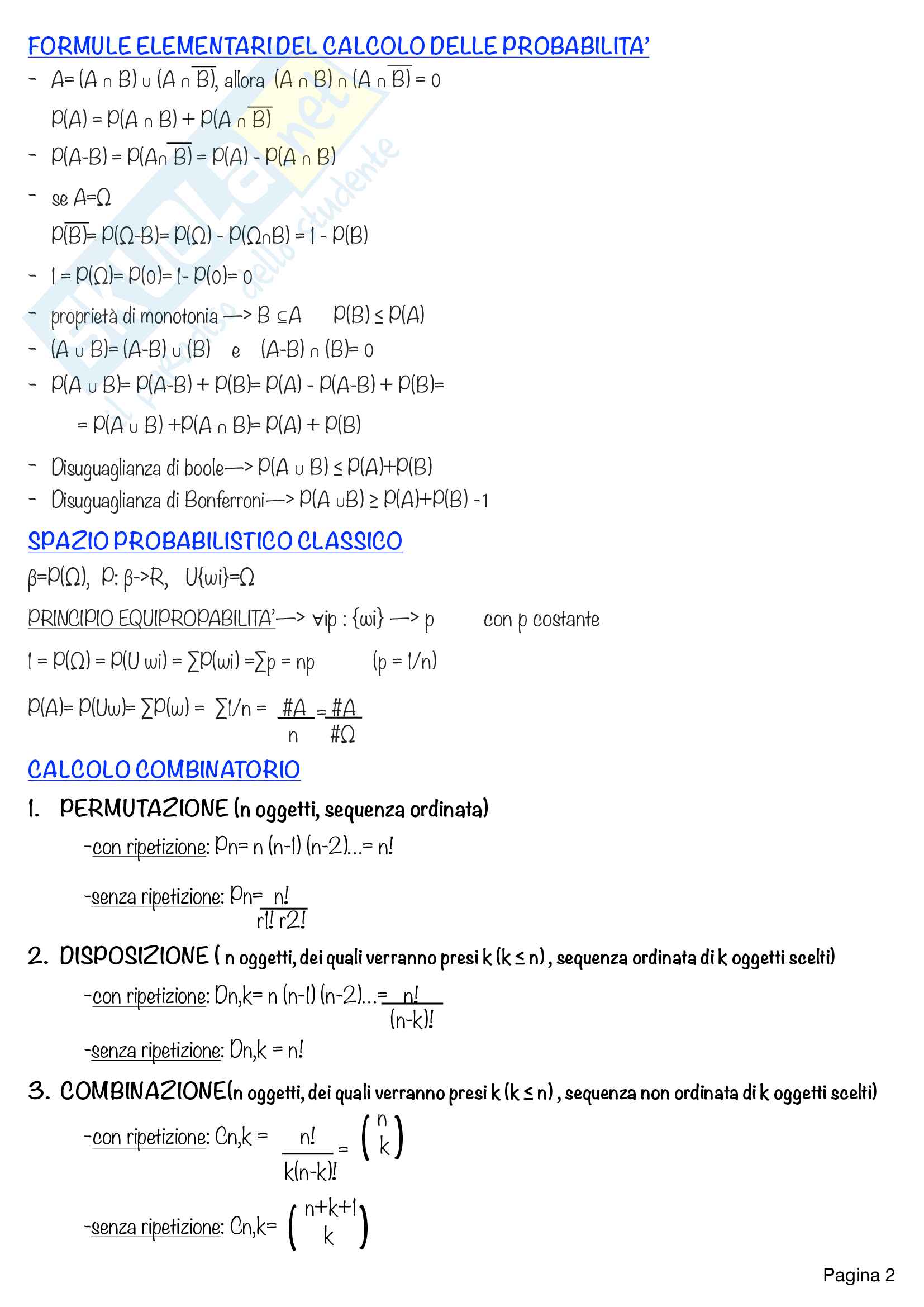 Calcolo delle probabilità (Appunti schematici) Pag. 2