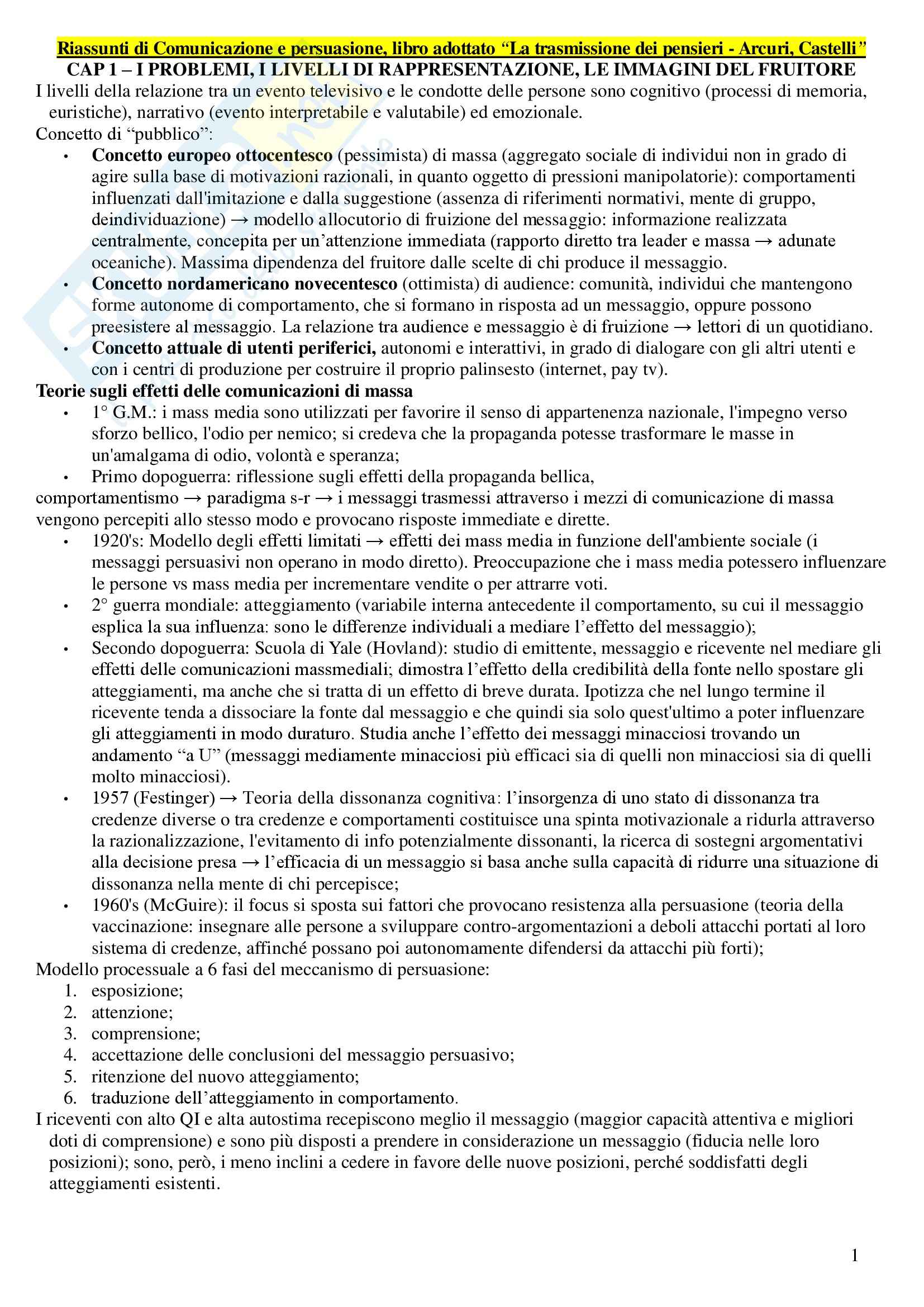 Riassunto esame Comunicazione e persuasione, prof. Arcuri, libro consigliato La trasmissione dei pensieri Pag. 1