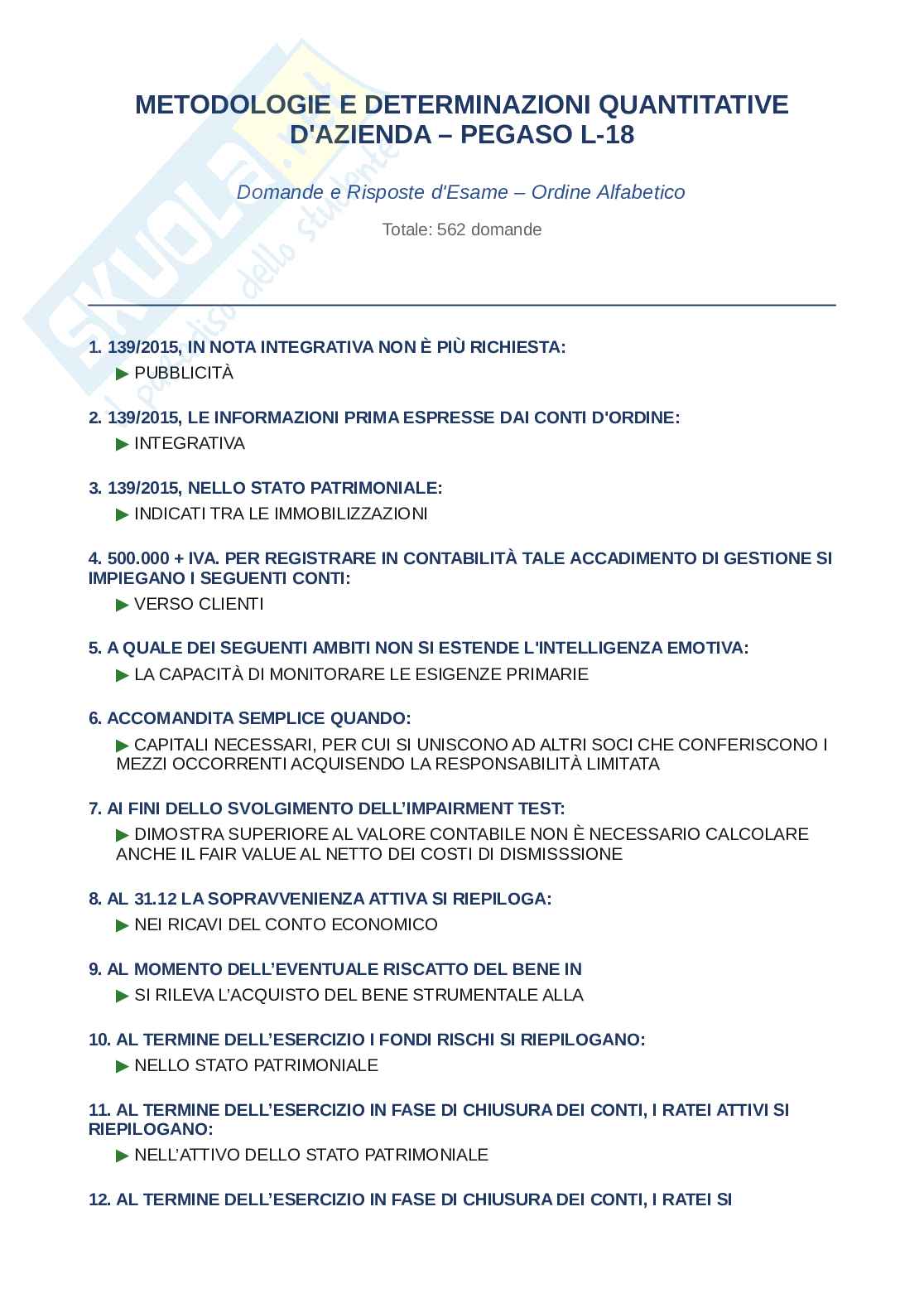 Domande e risposte Metodologie e determinazioni quantitative d’azienda, ordine alfabetico 2025 Pag. 1