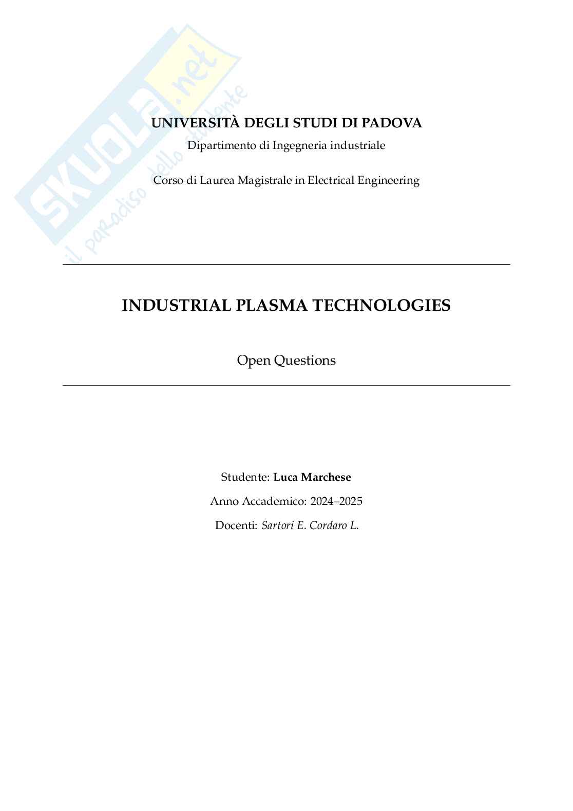 Risposte dettagliate domande di teoria di Industrial plasma technologies Pag. 1