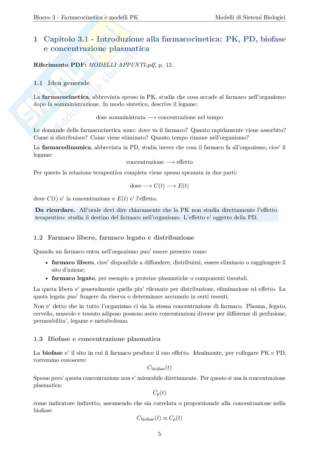 Blocco 3 di Modelli di sistemi biologici - Farmacocinetica e modelli PBPK e ACAT Pag. 6