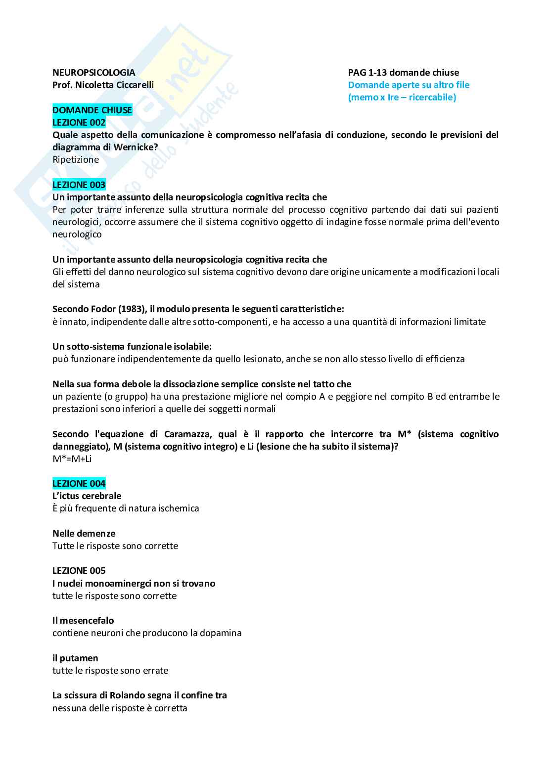 Paniere svolto Neuropsicologia Pag. 1