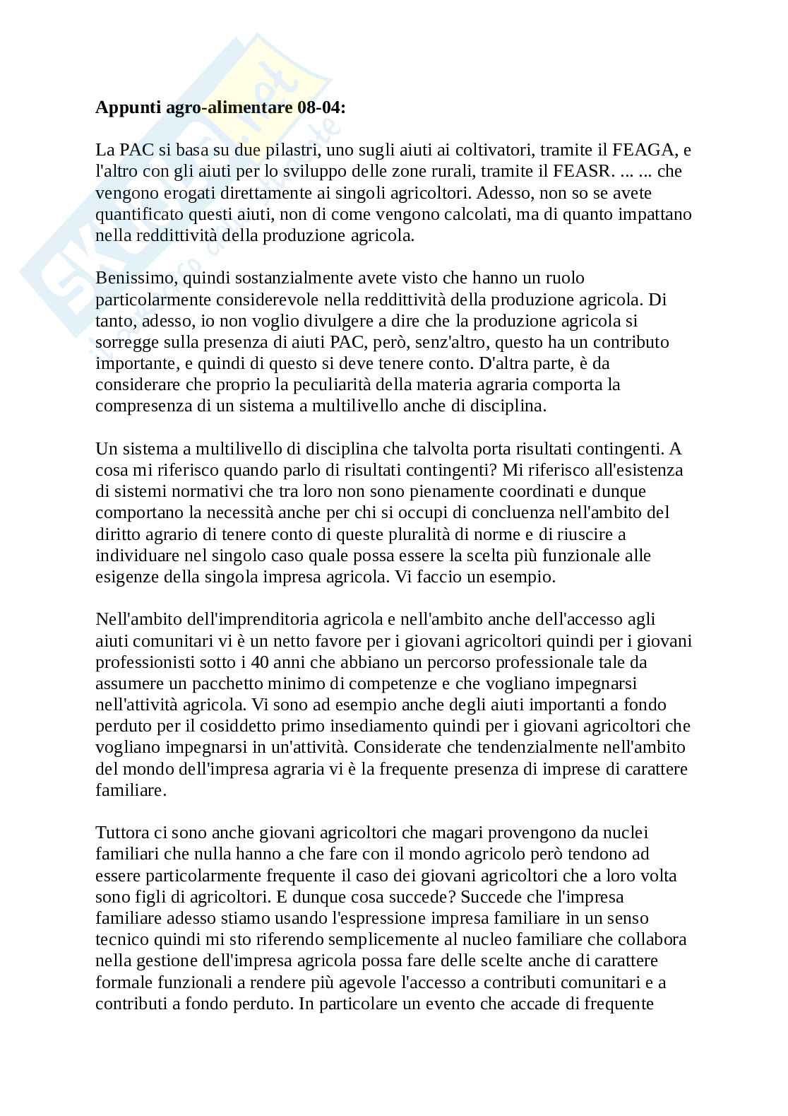 Appunti lezione del 08-04 di Diritto agroalimentare, modulo civile Pag. 1
