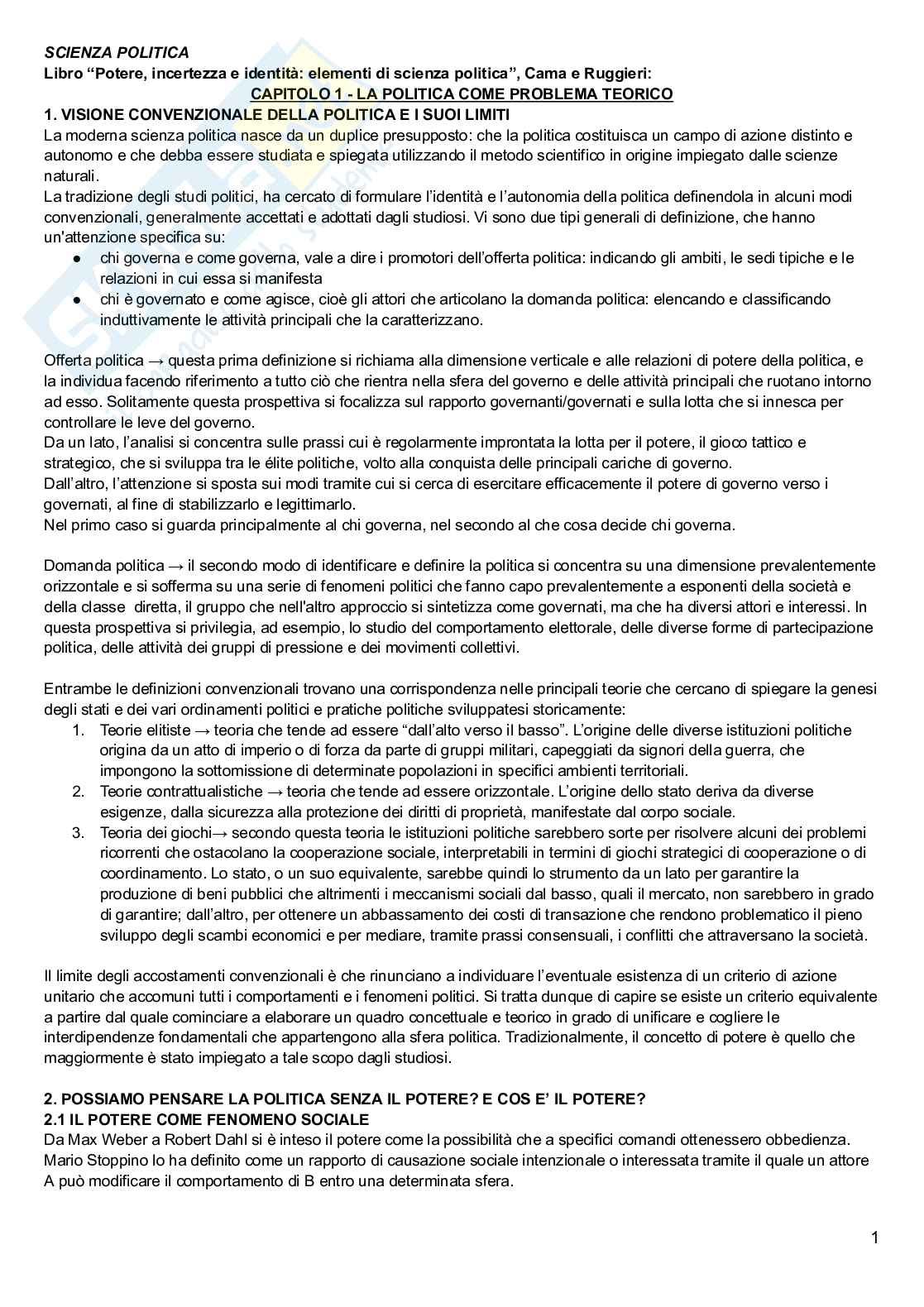 Riassunto esame Scienza politica, Prof. Cama Giampiero, libro consigliato Potere e teoria politica , Stoppino Pag. 1