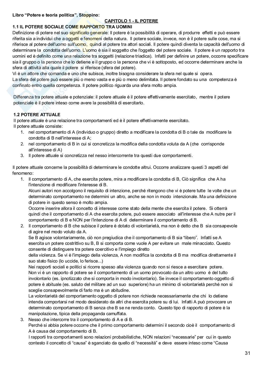 Riassunto esame Scienza politica, Prof. Cama Giampiero, libro consigliato Potere e teoria politica , Stoppino Pag. 31