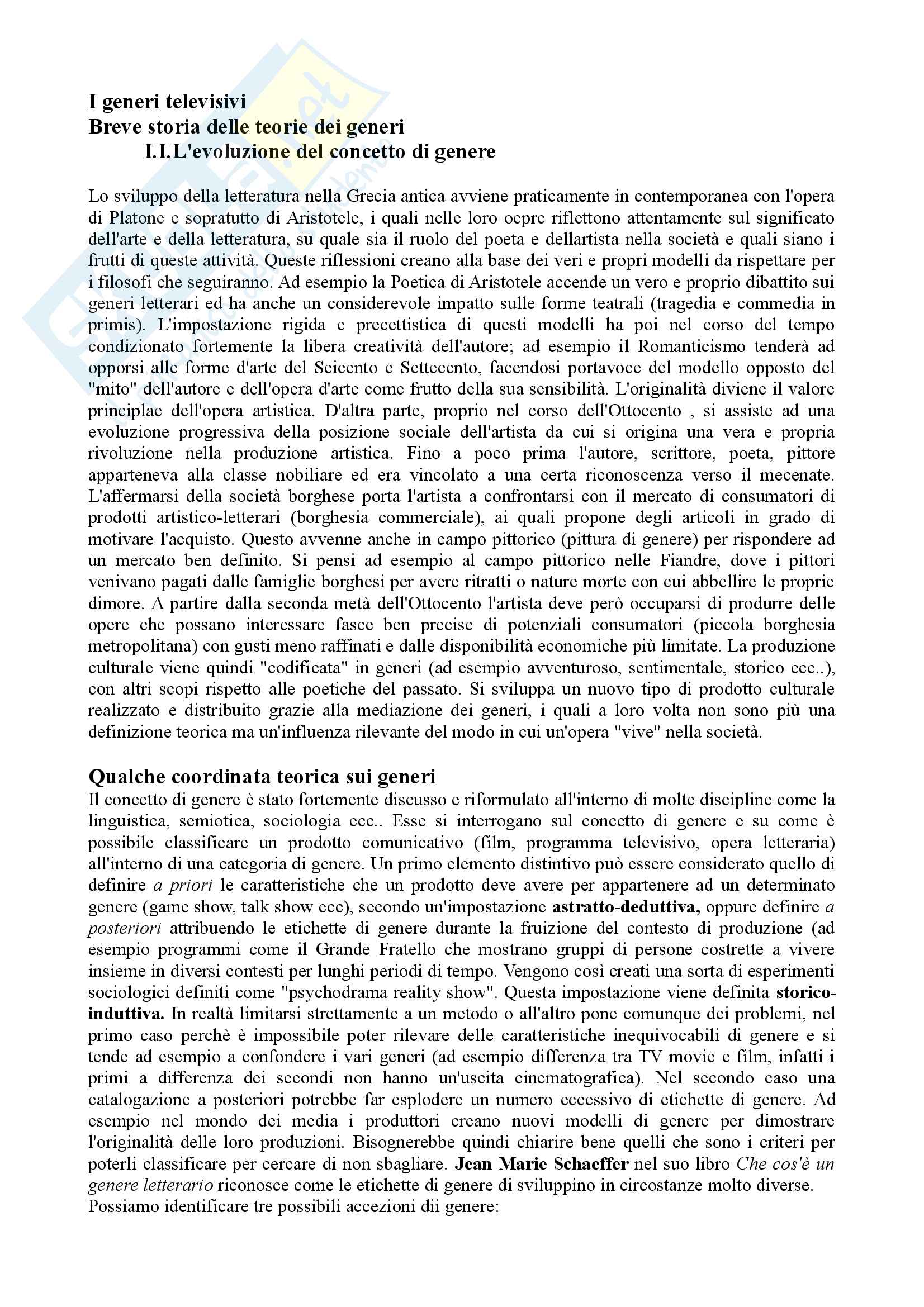Riassunto esame Teorie e tecniche del linguaggio televisivo, prof. Cardini. Libro consigliato I generi televisivi Pag. 1