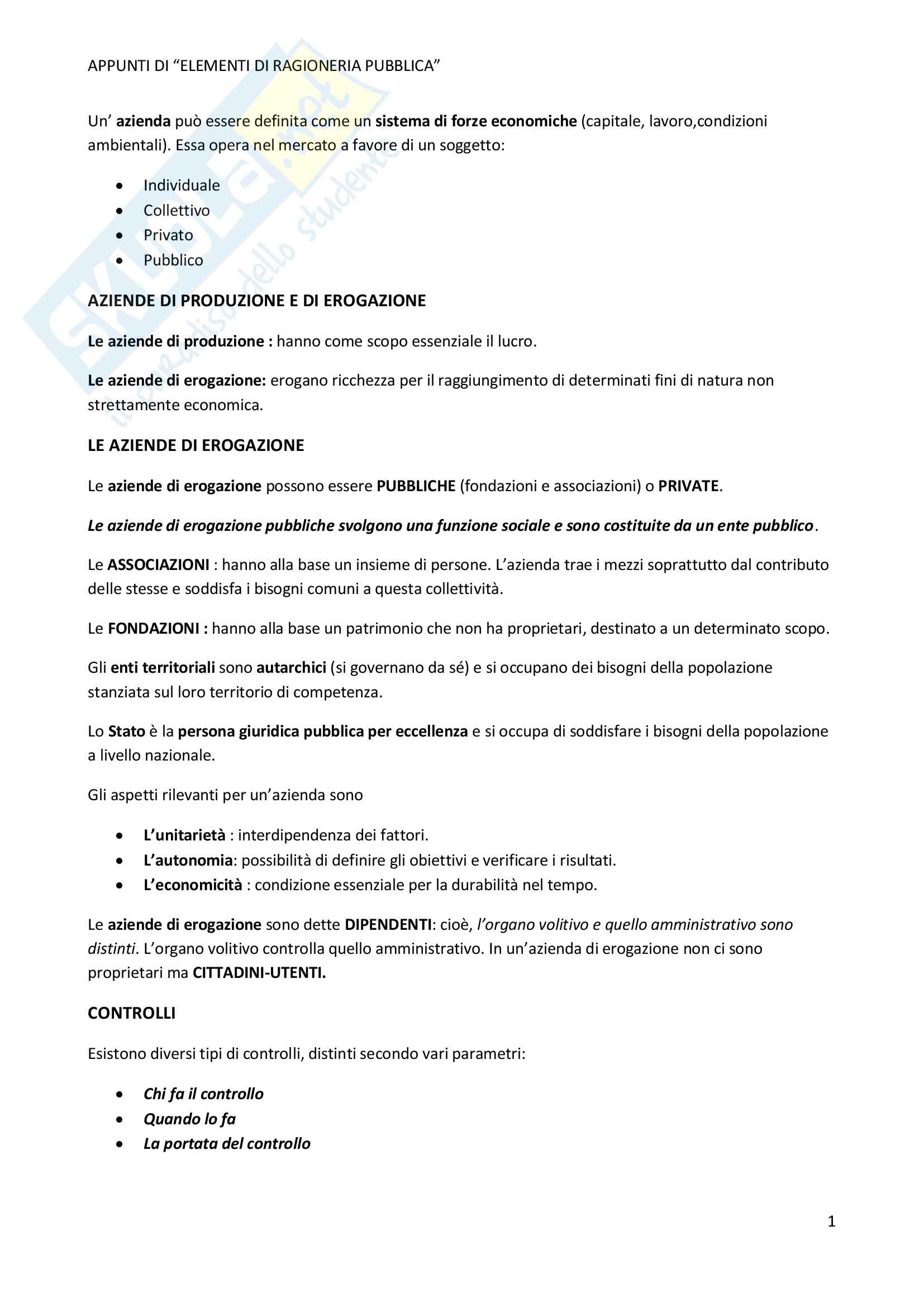 Elementi di ragioneria pubblica - Appunti Pag. 1