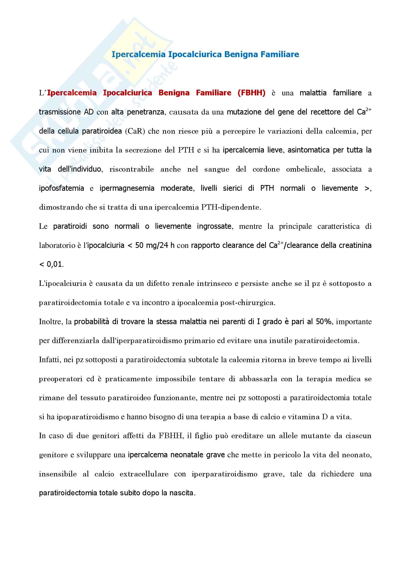 Endocrinologia - ipercalcemia ipocalciurica benigna familiare Pag. 1