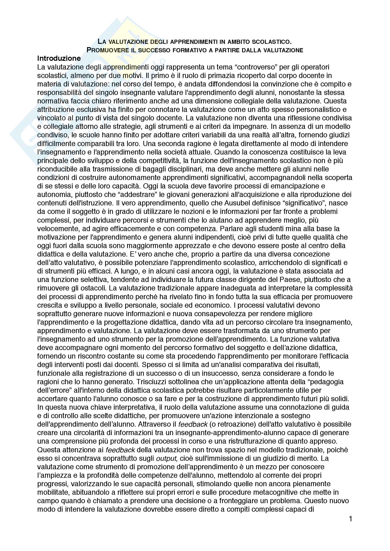 Riassunto esame Teorie e metodi di progettazione e di valutazione scolastica, prof. Davide Capperucci, libro consigliato "La valutazione degli apprendimenti in ambito scolastico. Promuovere il successo formativo a partire dalla valutazione", Capperucci Pag. 1