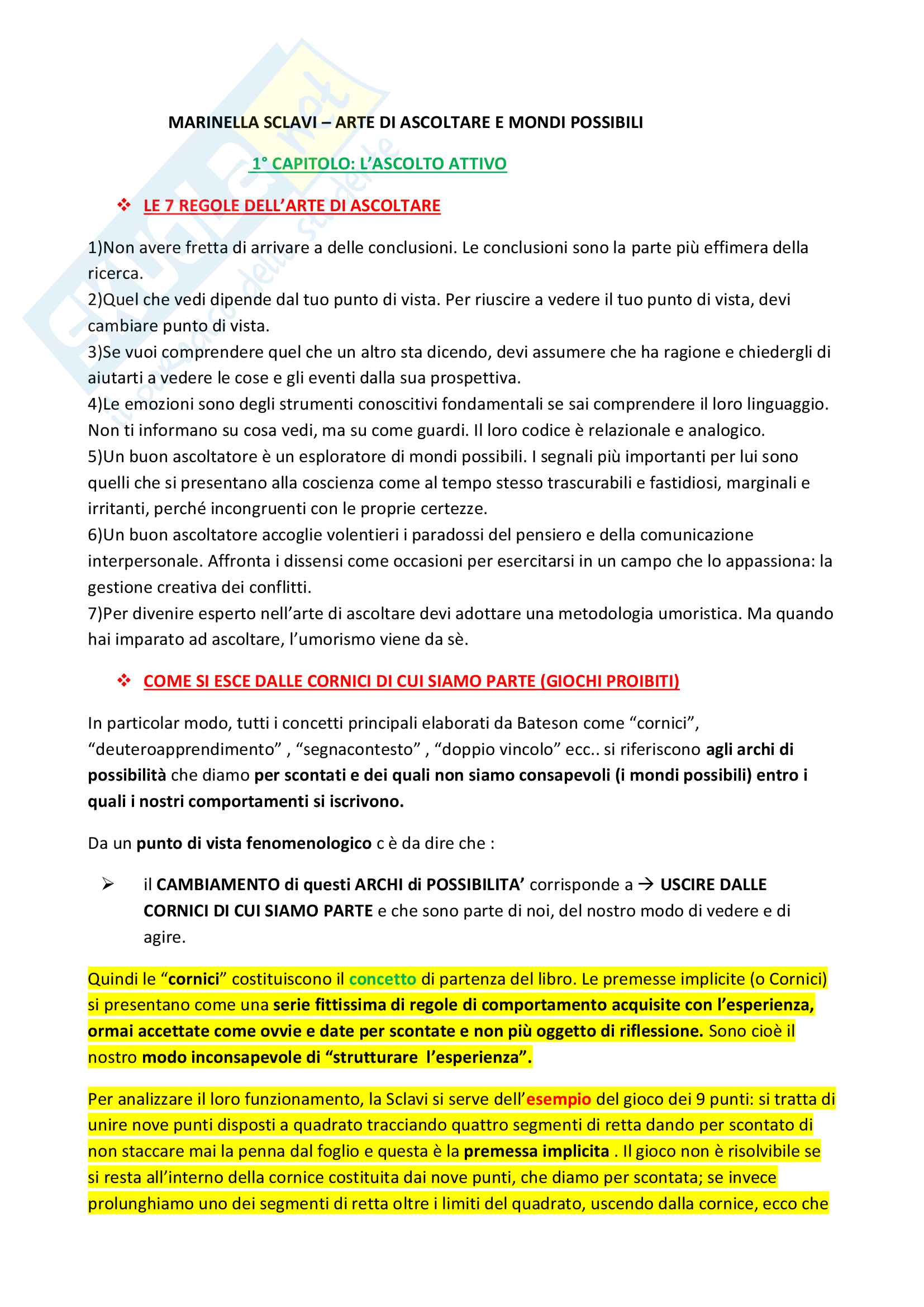 Riassunto esame Psicologia dell'educazione,prof.ssa Cecotti,libro consigliato Arte di ascoltare e Mondi possibili, Sclavi Pag. 1