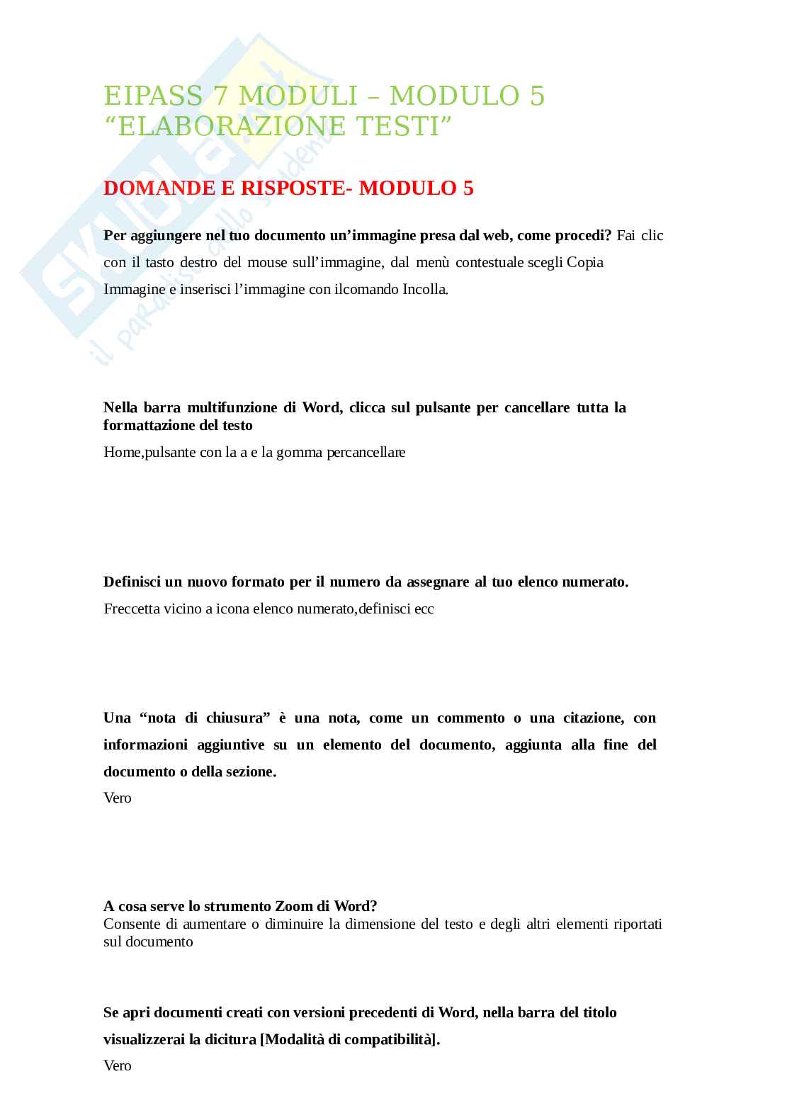 Risposte Eipass 7 Moduli- Modulo 5: Elaborazione testi. Aggiornato e completo con Extra. In ordine Pag. 1