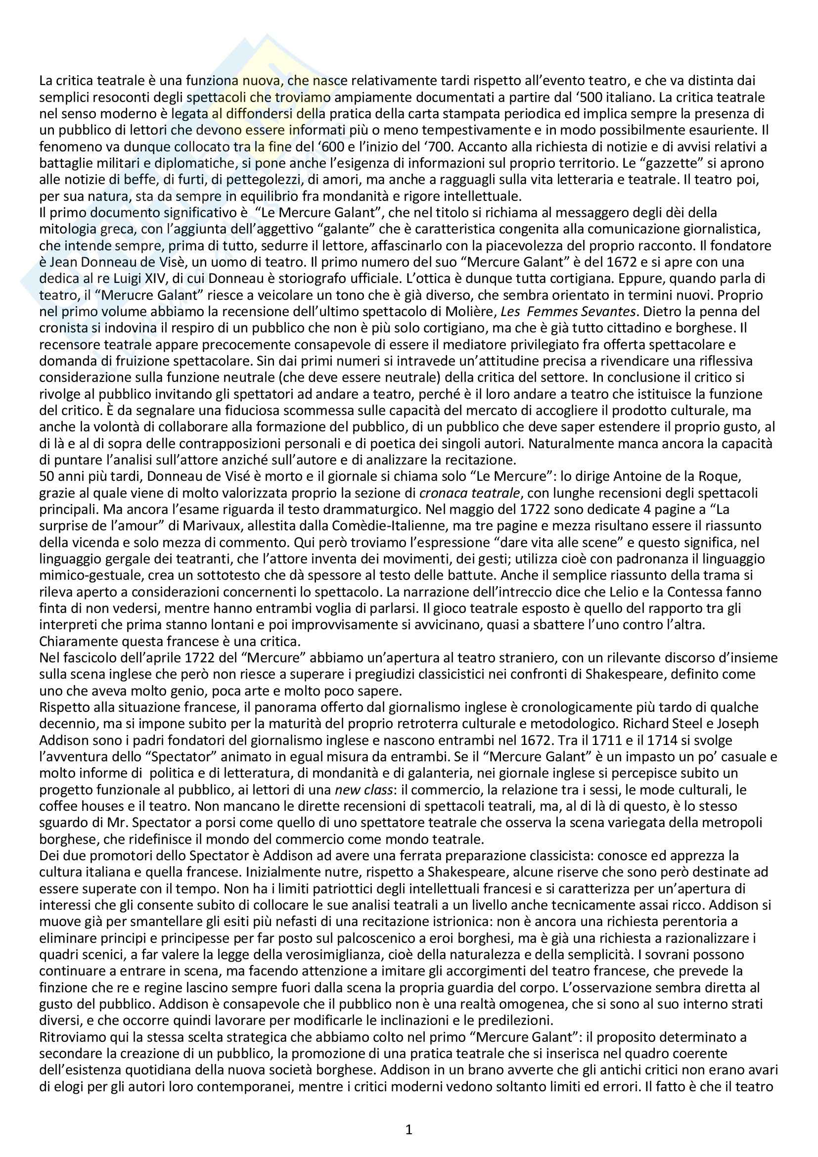 Riassunto esame Storia del Teatro e dello Spettacolo, prof. Pietrini, libro consigliato Una Professione Inedita: il Critico Teatrale, Malara Pag. 1