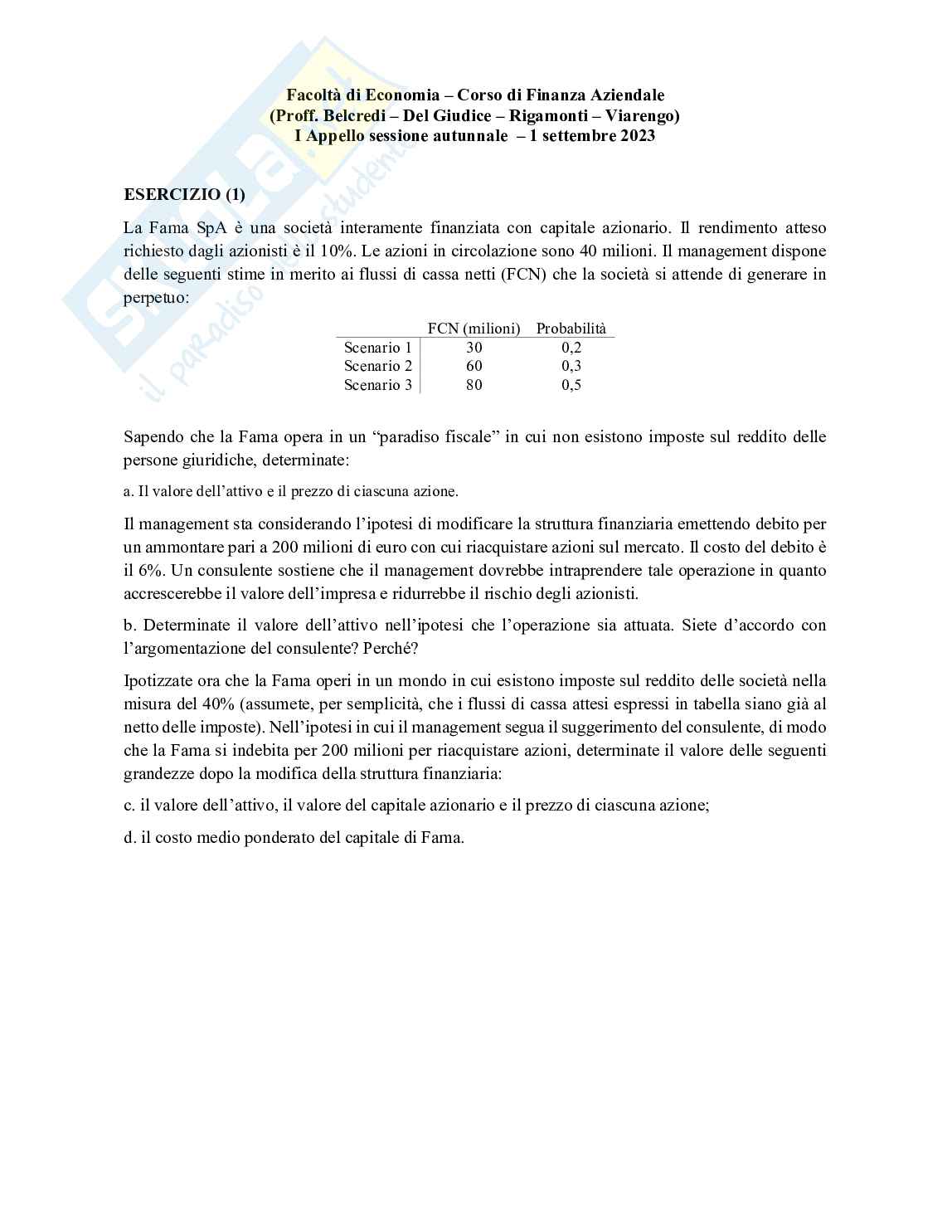 Prova esame svolta 4 appello di Finanza aziendale 2023 Pag. 1