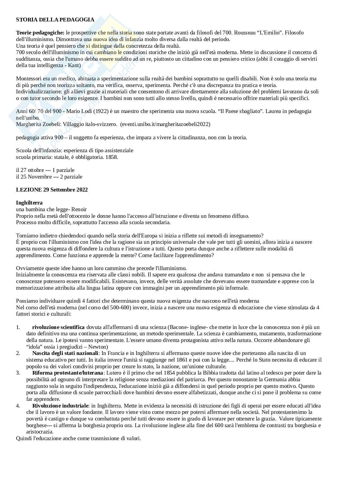Riassunto esame Storia della pedagogia, Prof. Pironi Tiziana, libro consigliato Percorsi di pedagogia al femminile, Pironi Pag. 1