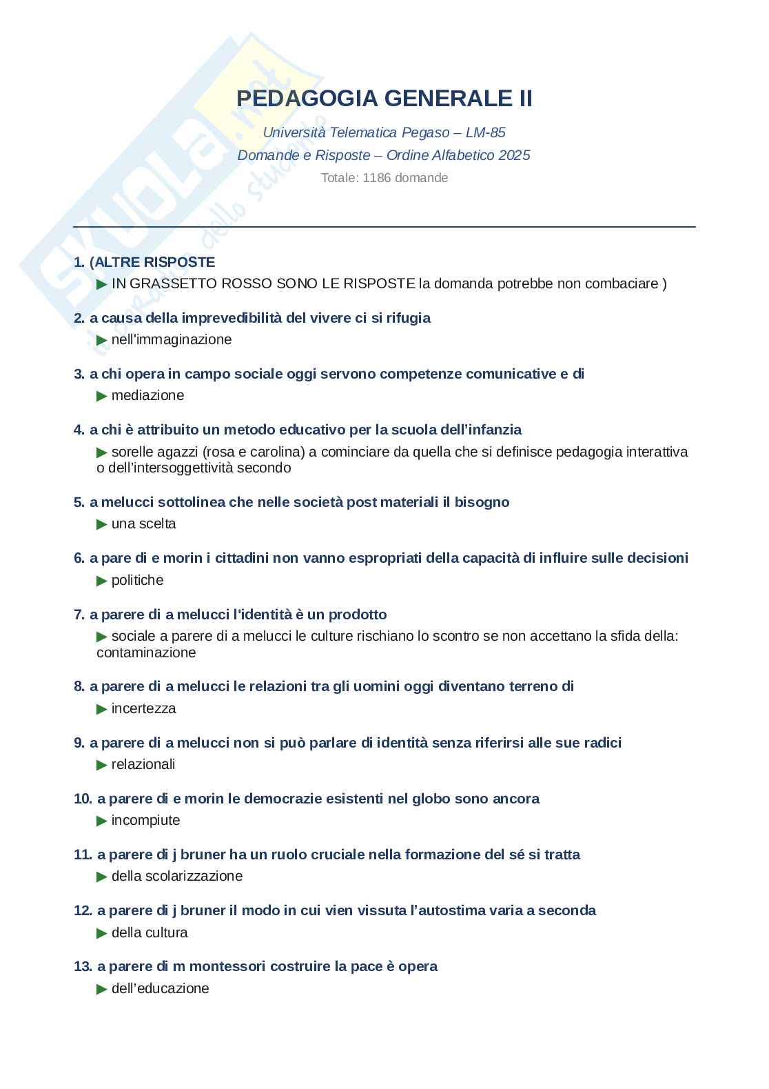 Domande e risposte Pedagogia generale II, ordine alfabetico 2025 Pag. 1