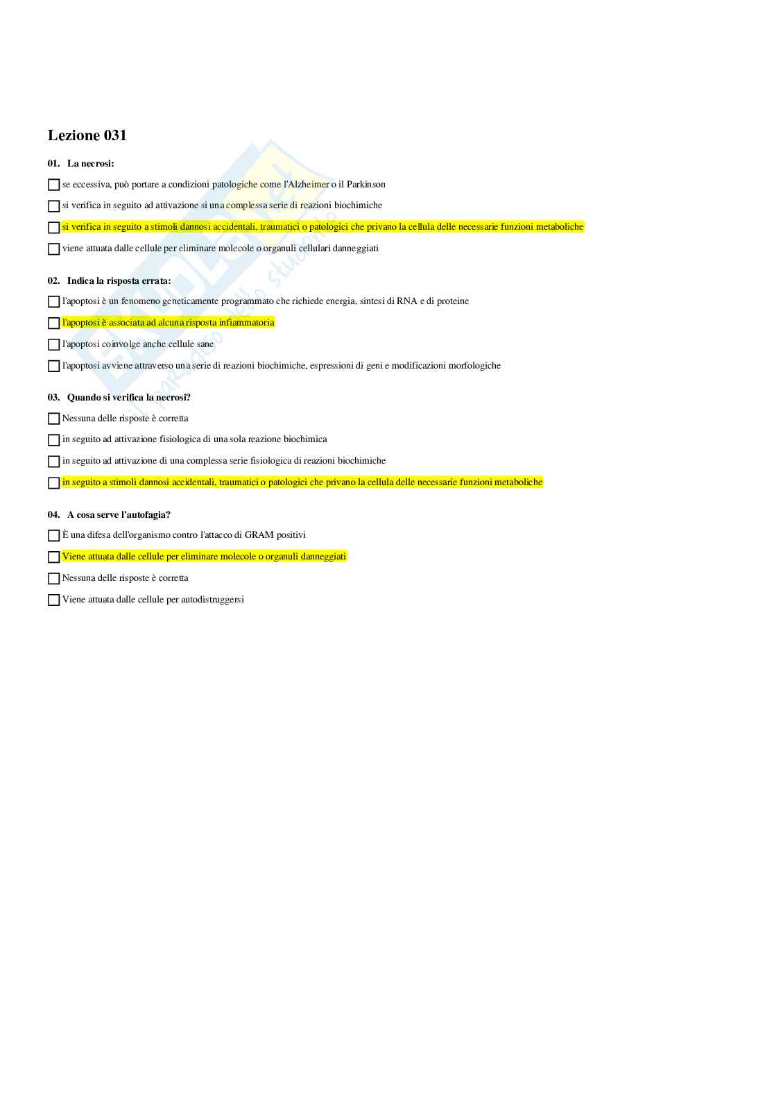 Paniere Patologia generale (2026) - Risposte multiple corrette Pag. 31