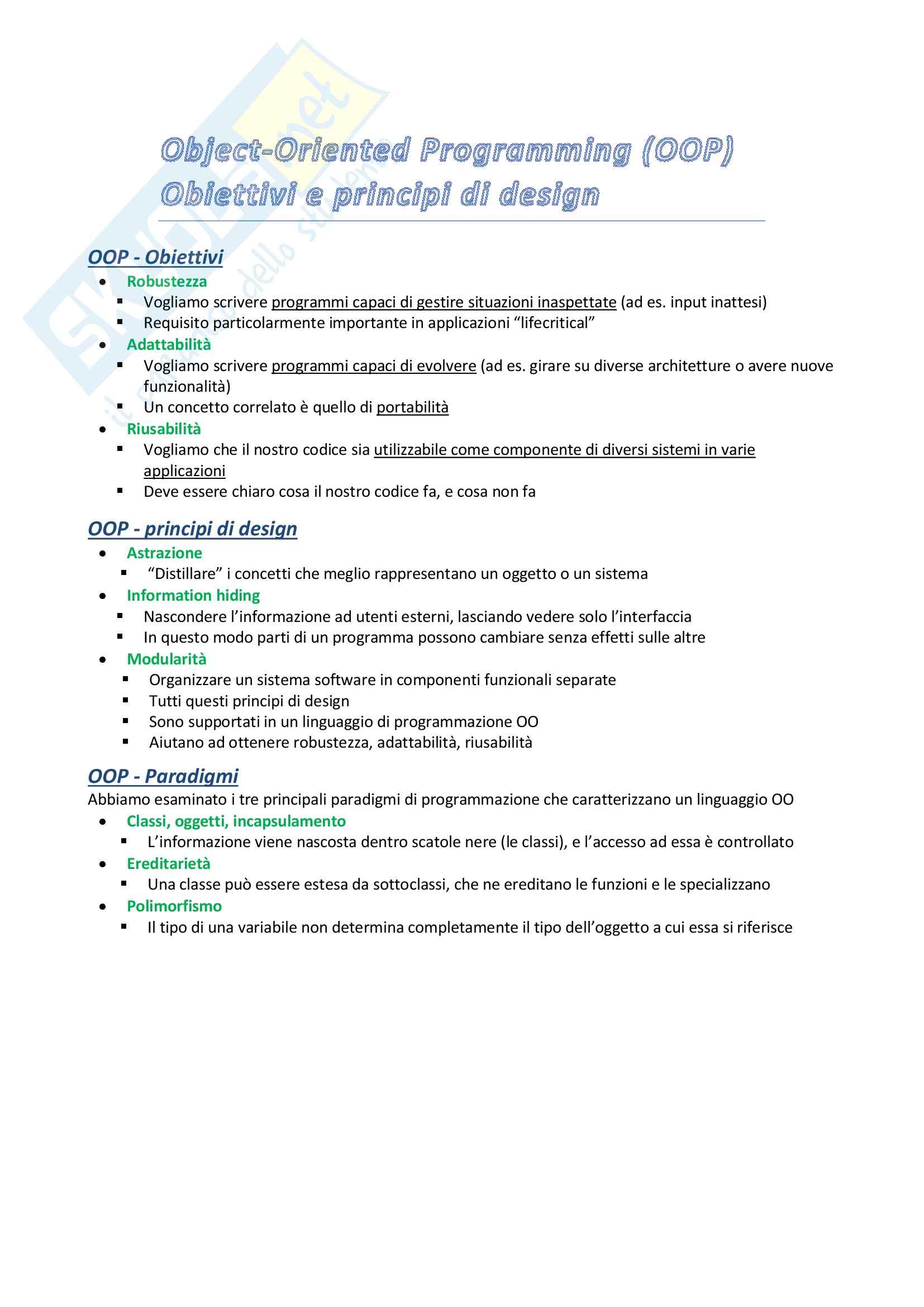 Informatica I - Object Oriented Programming OOP e obiettivi e principi di design Pag. 1