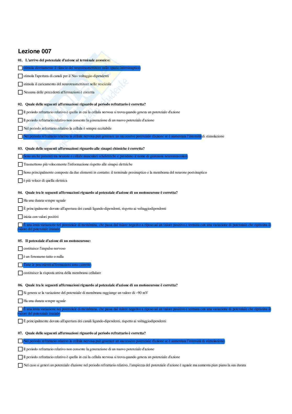 Paniere Fisiologia (2026) - Risposte multiple corrette Pag. 11