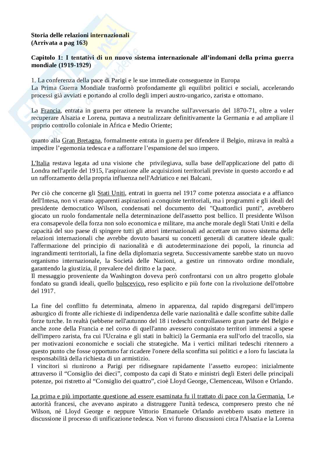Riassunto esame Storia delle relazioni internazionali, Prof. De Luca Daniele, libro consigliato Storia delle relazioni internazionali, Varsori Pag. 1