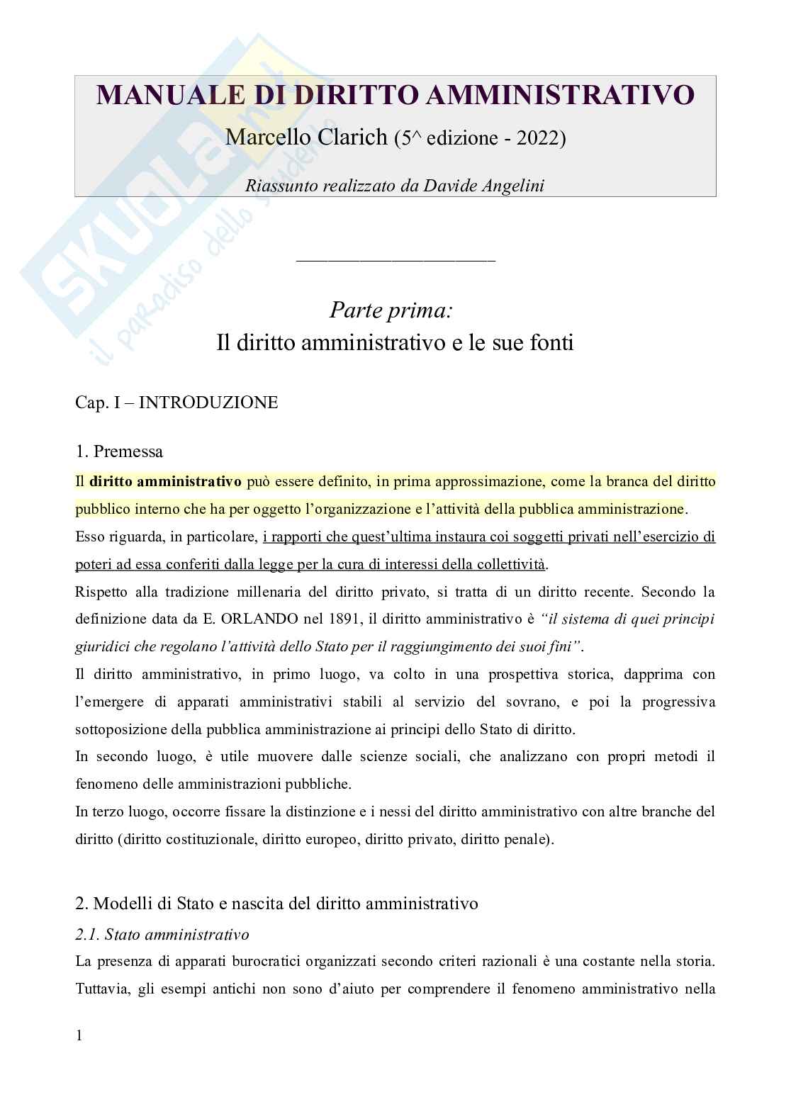 Riassunto esame Diritto amministrativo, Prof. Cerbo Pasquale, libro consigliato Manuale di diritto amministrativo, 5^edizione, Clarich Pag. 1