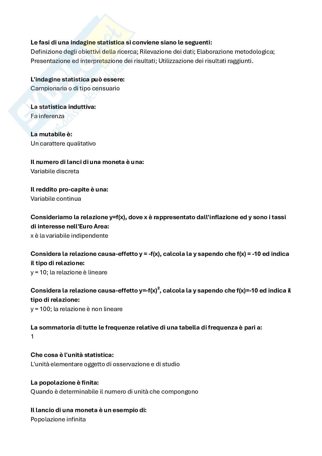 Domande esercitazione fine lezione di Statistica Pag. 1