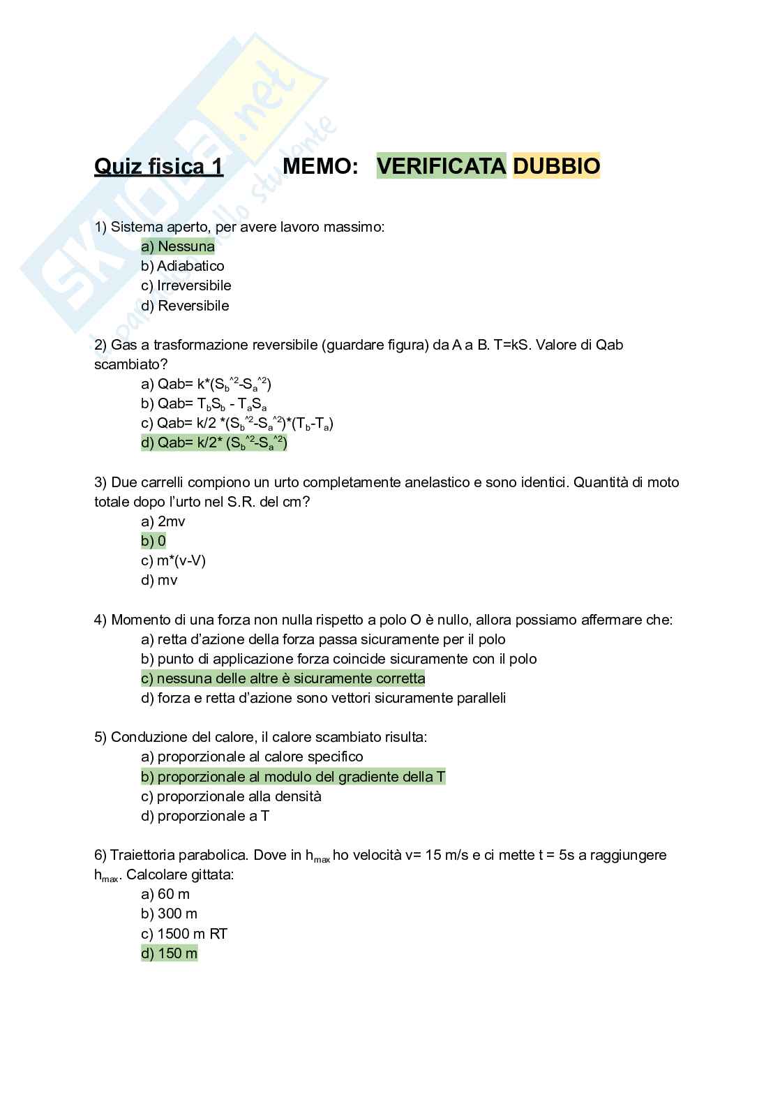 Quiz svolto del corso di Fisica 1 Pag. 1