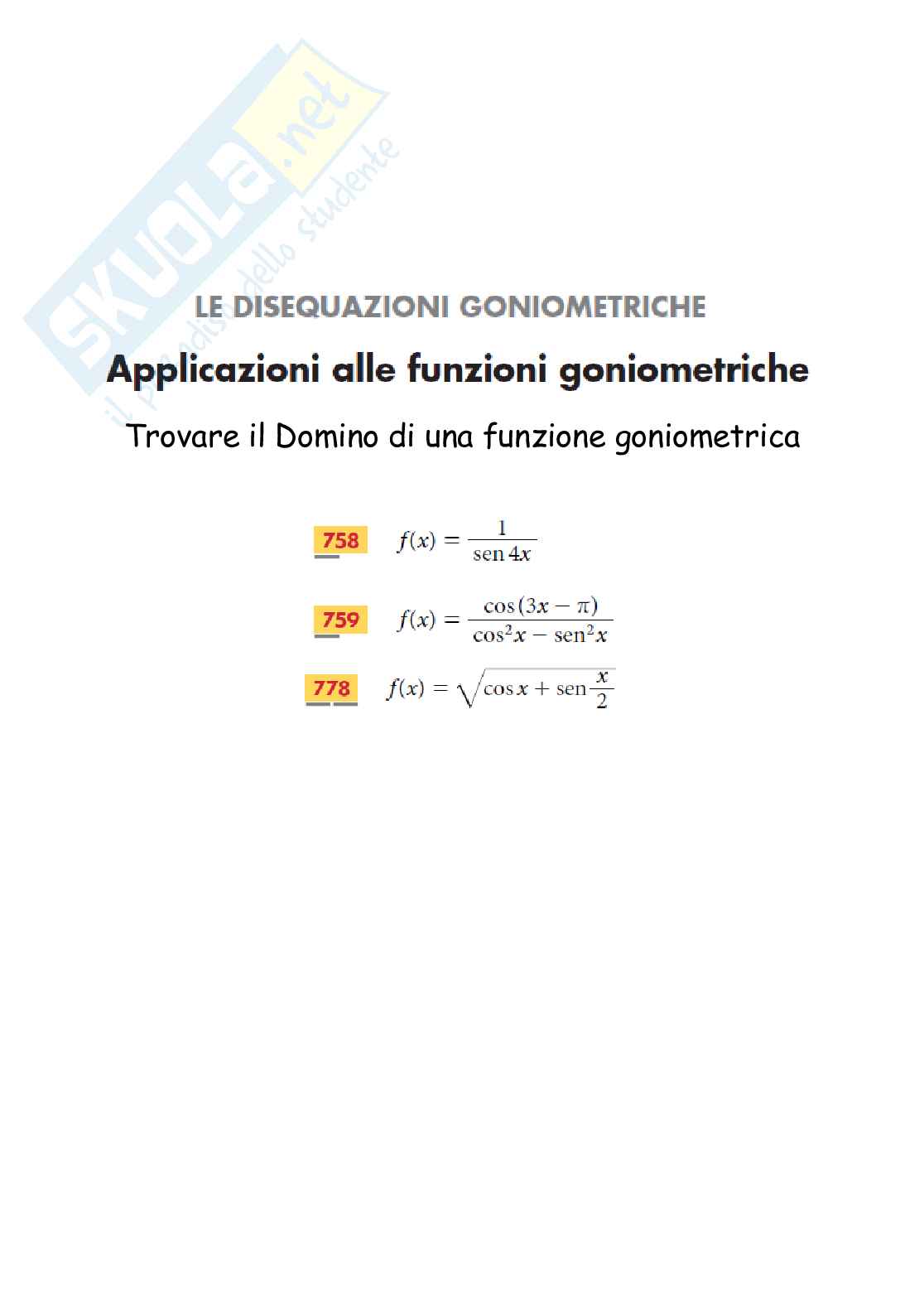 Disequazioni goniometriche, dominio di funzioni goniometriche fratte e irrazionali Pag. 1