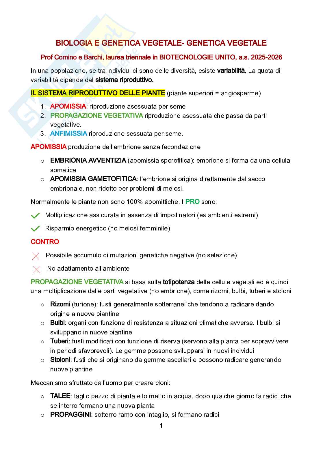 Genetica vegetale Pag. 1