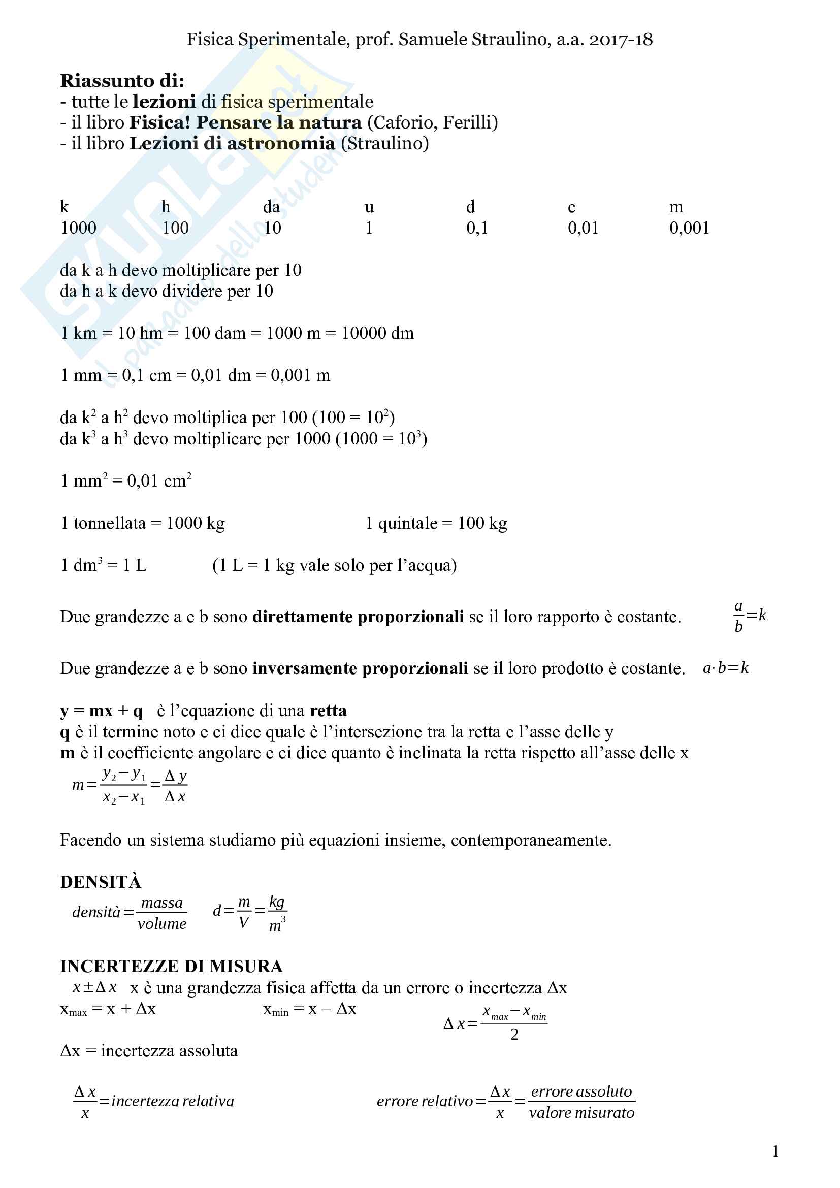 Riassunto esame Fisica, prof. Straulino, libro consigliato Fisica! Pensare la natura, Caforio, Ferilli Pag. 1