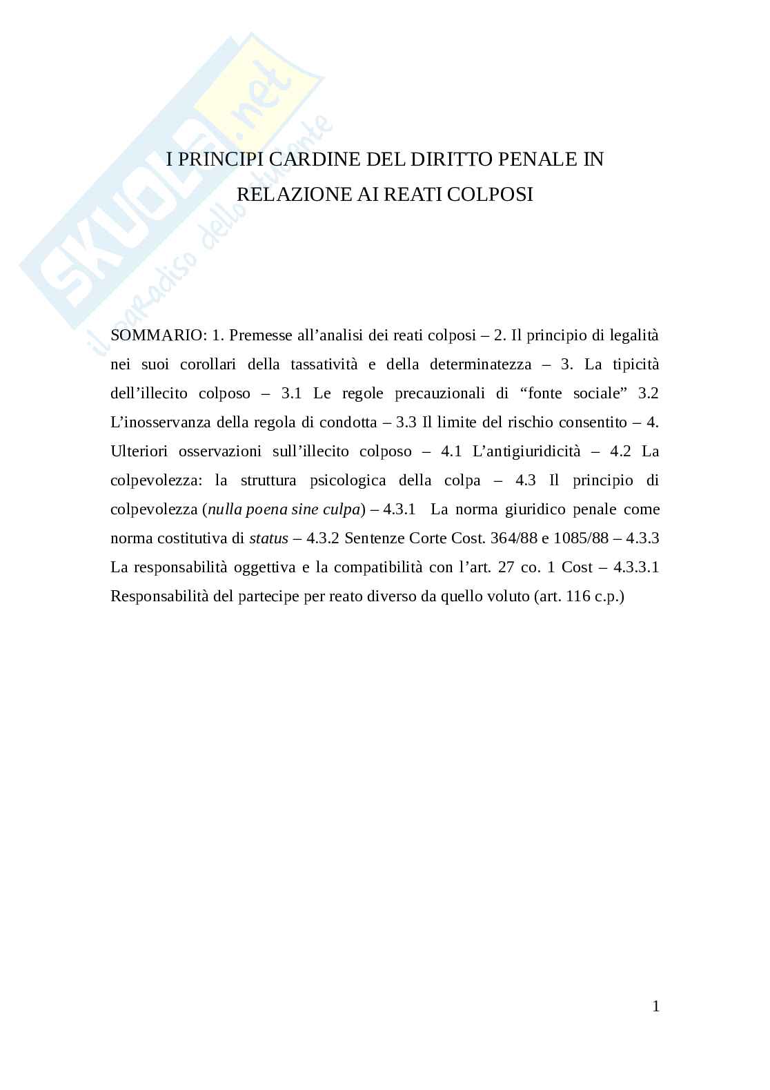 Principi cardine del diritto penale in relazione ai reati colposi Pag. 1
