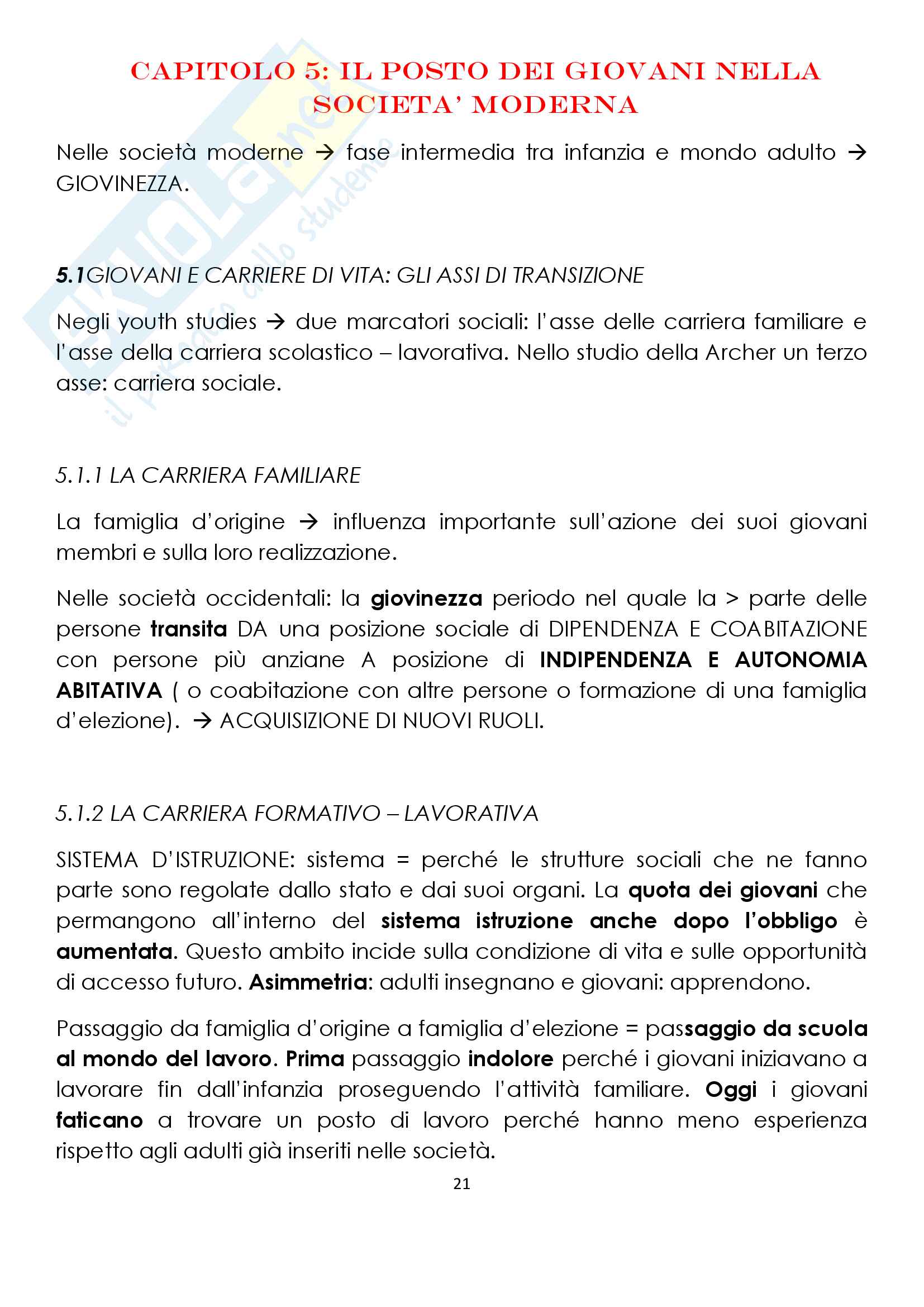 Sunto di sociologia della famiglia, docente Diego Mesa, libro consigliato "La giovinezza nelle società in transizione" Pag. 21