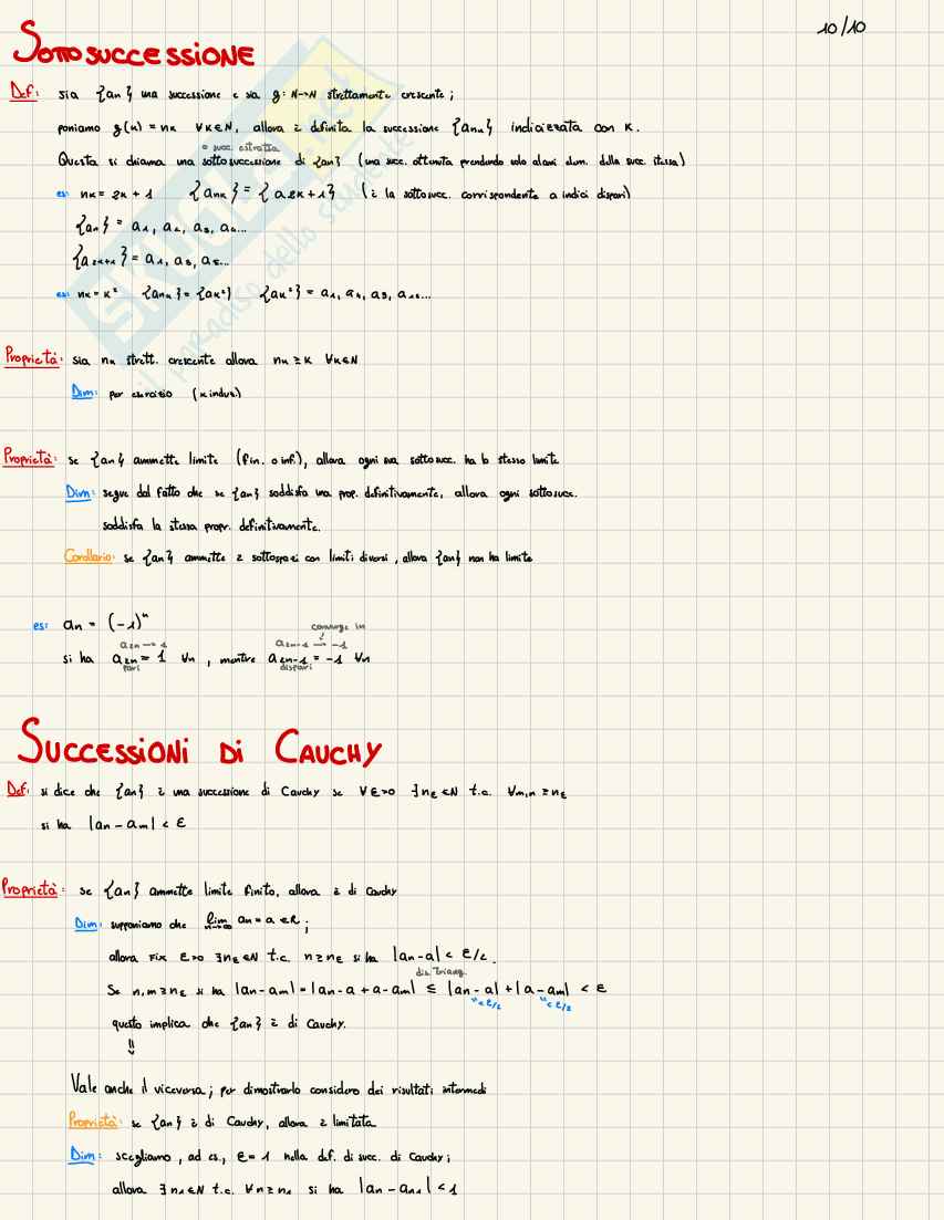Appunti Analisi 1: sottosuccessioni, Cauchy, medie e successioni ricorsive Pag. 1
