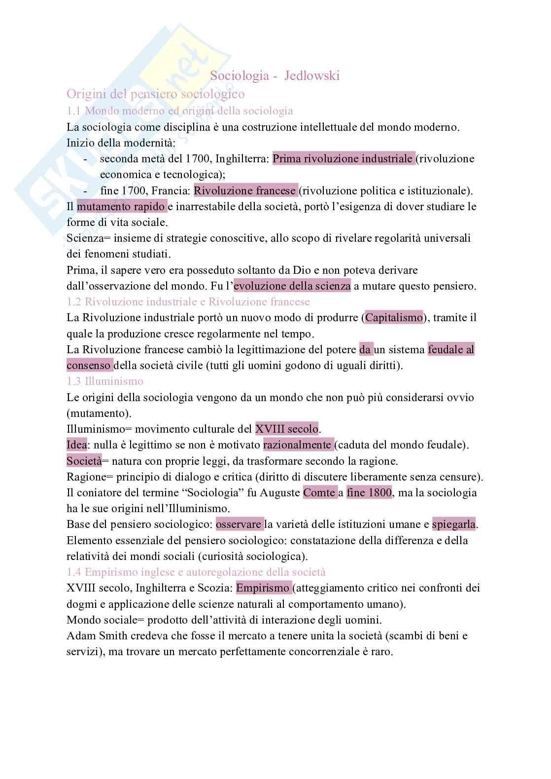 Riassunto esame Sociologia , Prof. Iannone Roberta, libro consigliato Il mondo in questione, Jedlowski Pag. 1