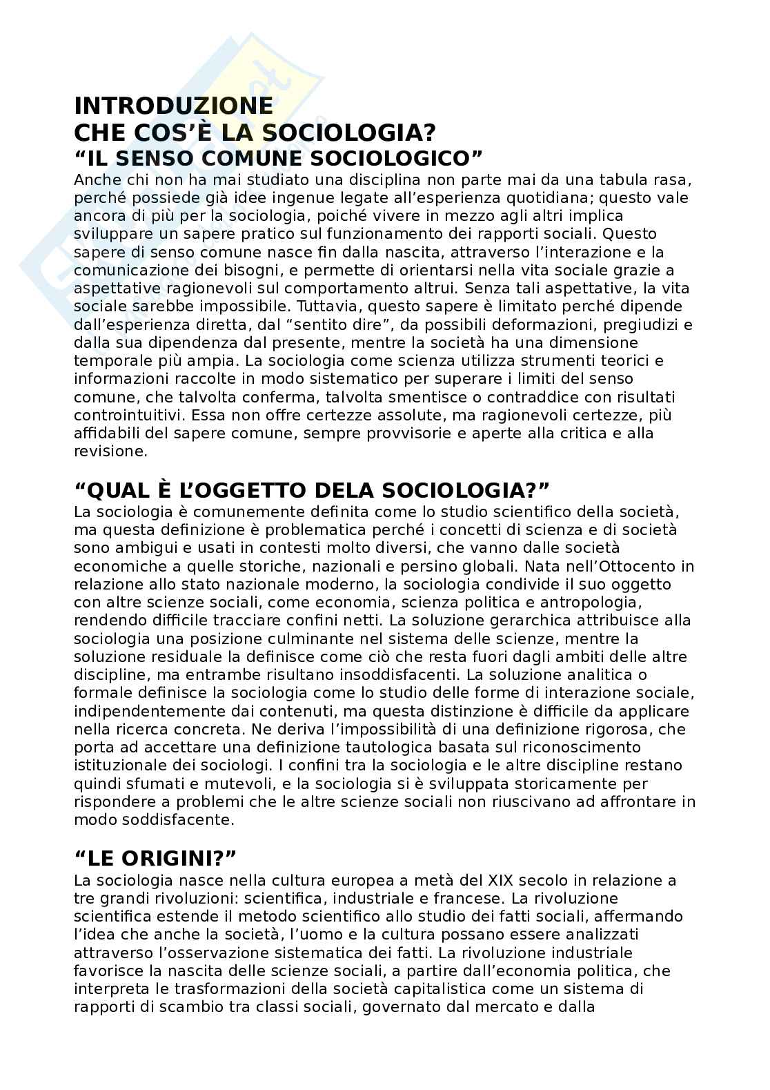 Riassunto esame Sociologia e metodologia della ricerca sociale, Prof. Bevilacqua Emiliano, libro consigliato Sociologia. I concetti di base, Bagnasco, Barbagli, Cavalli Pag. 1