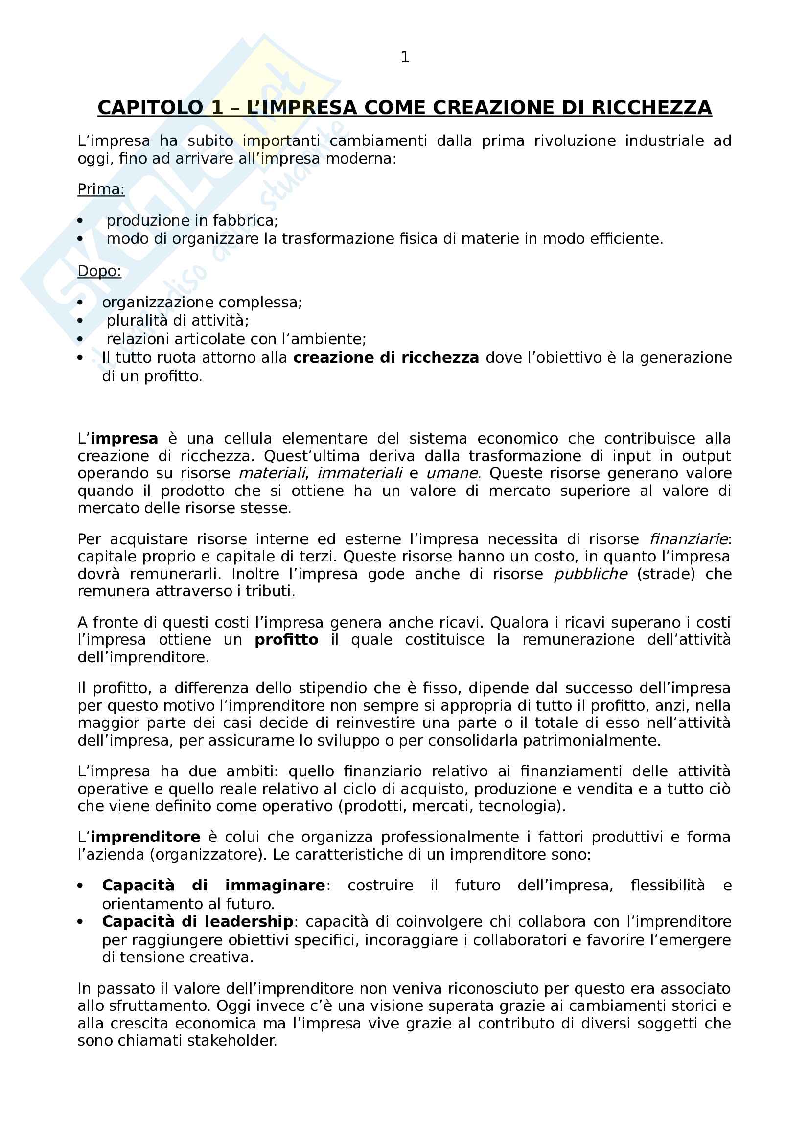 Riassunto esame economia e gestione delle imprese, prof Casadio, libro consigliato Management. Economia e gestione delle imprese, Perrini, primo parziale Pag. 1