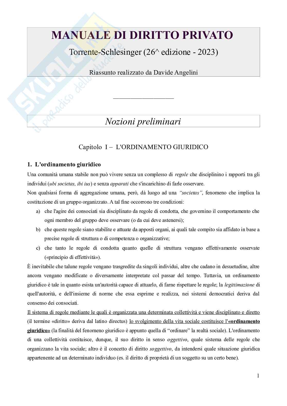 Riassunto esame Istituzioni di Diritto Privato, Prof. Schiavone Giovanni, libro consigliato Manuale di diritto privato (26^ edizione), Torrente, Schlesinger Pag. 1