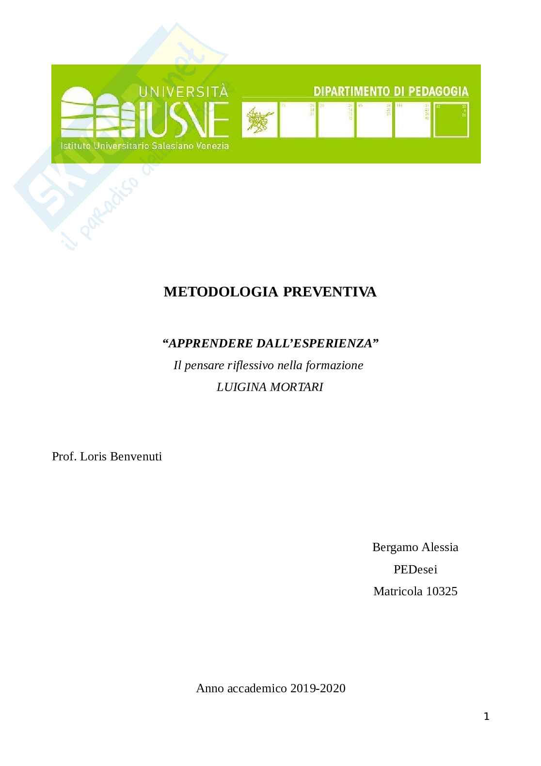 Riassunto esame Metodologia preventiva, prof. Benvenuti, libro consigliato Apprendere dall'esperienza Pag. 1